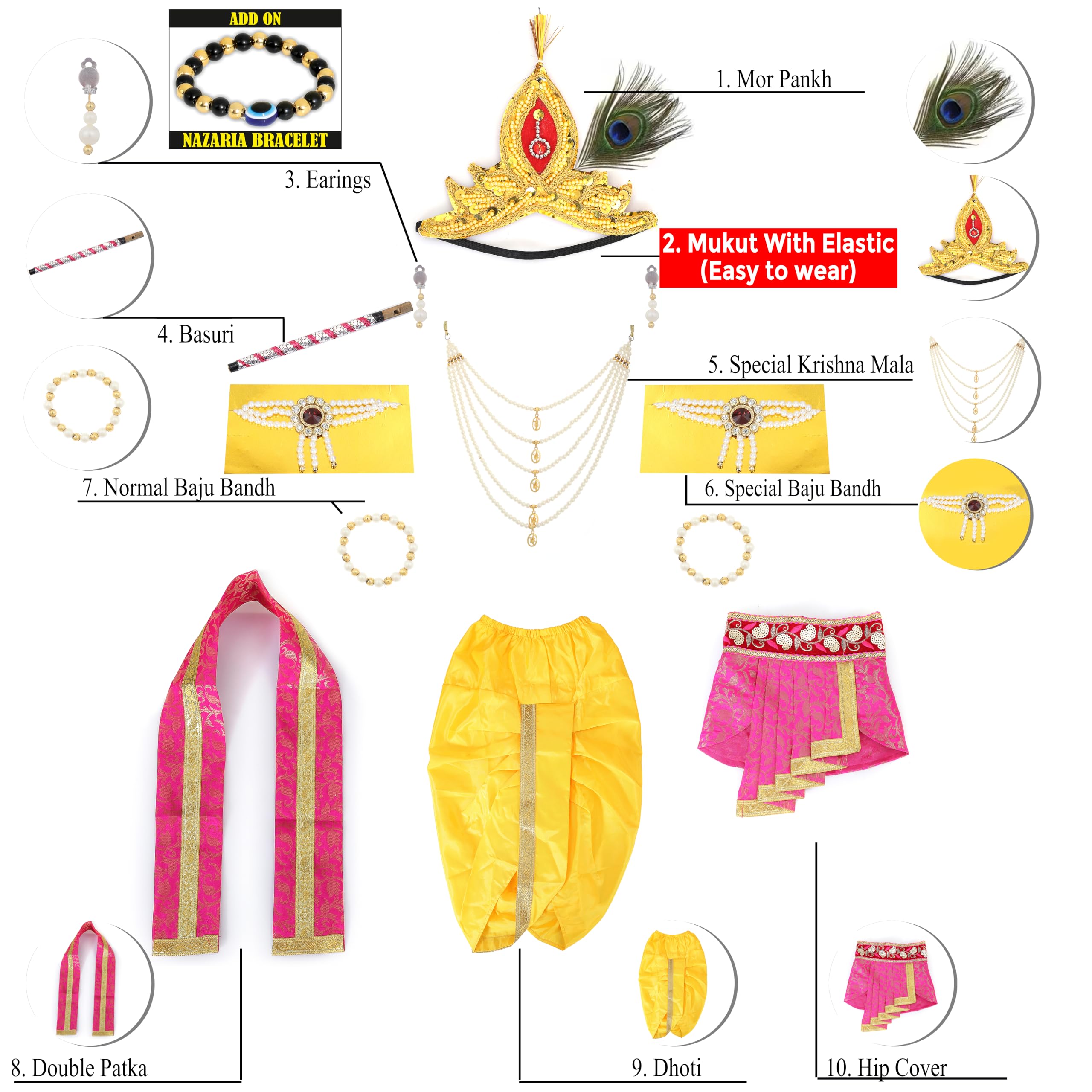 Raj Fancy Dresses Luxury Krishna Pagri for Kids Boys & Girls | Bal Gopal Kanha Janmashtami Turban with 3 Mor Pankh & Pearl Work | Fancy Dress, School Function & Photoshoot Headgear | Only Pagri image 5