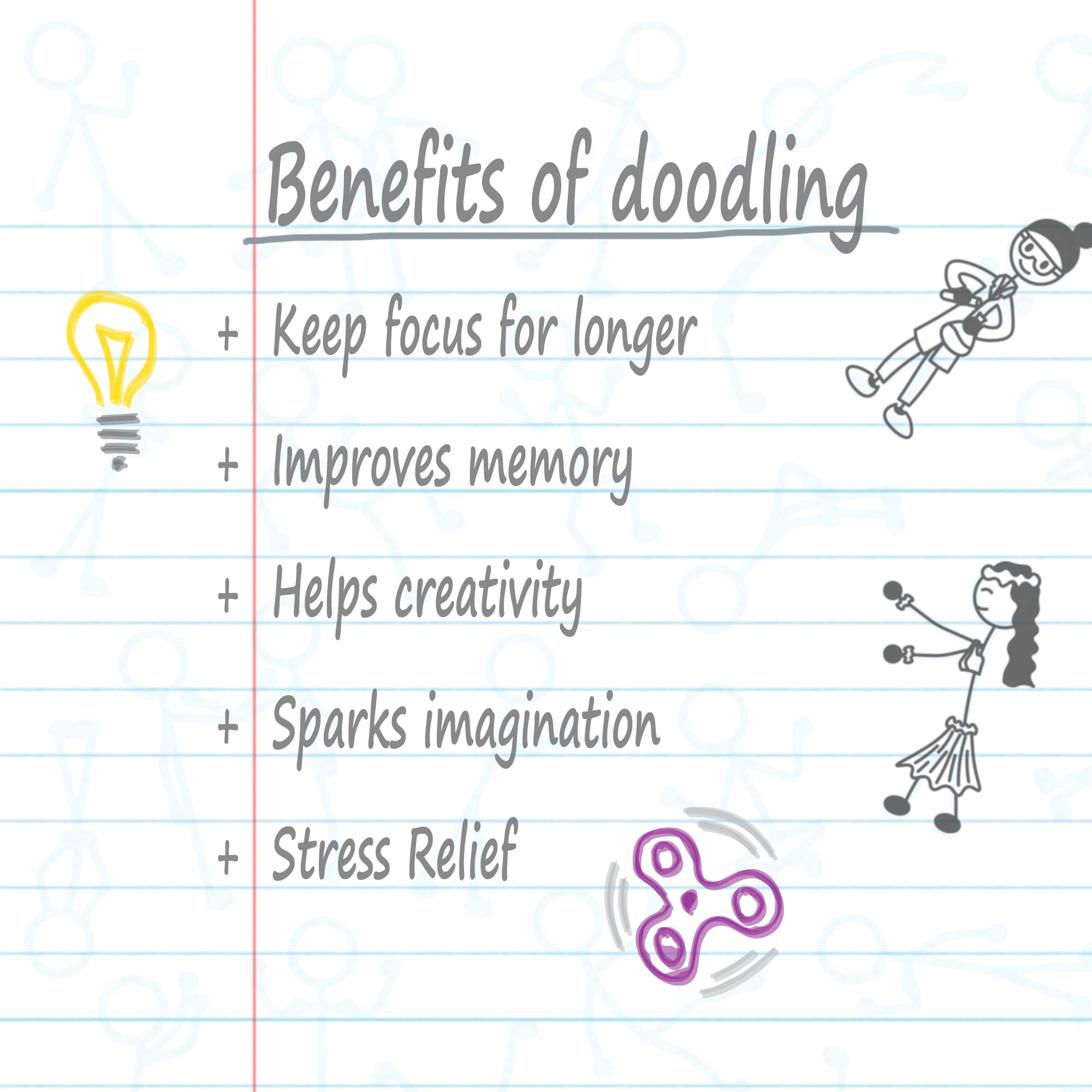 DoodleWrite College Ruled Wirebound Spiral Notebook, Includes Doodle Prompts to Keep Focus, Spark Creativity/Imagination, Relieve Stress, 11