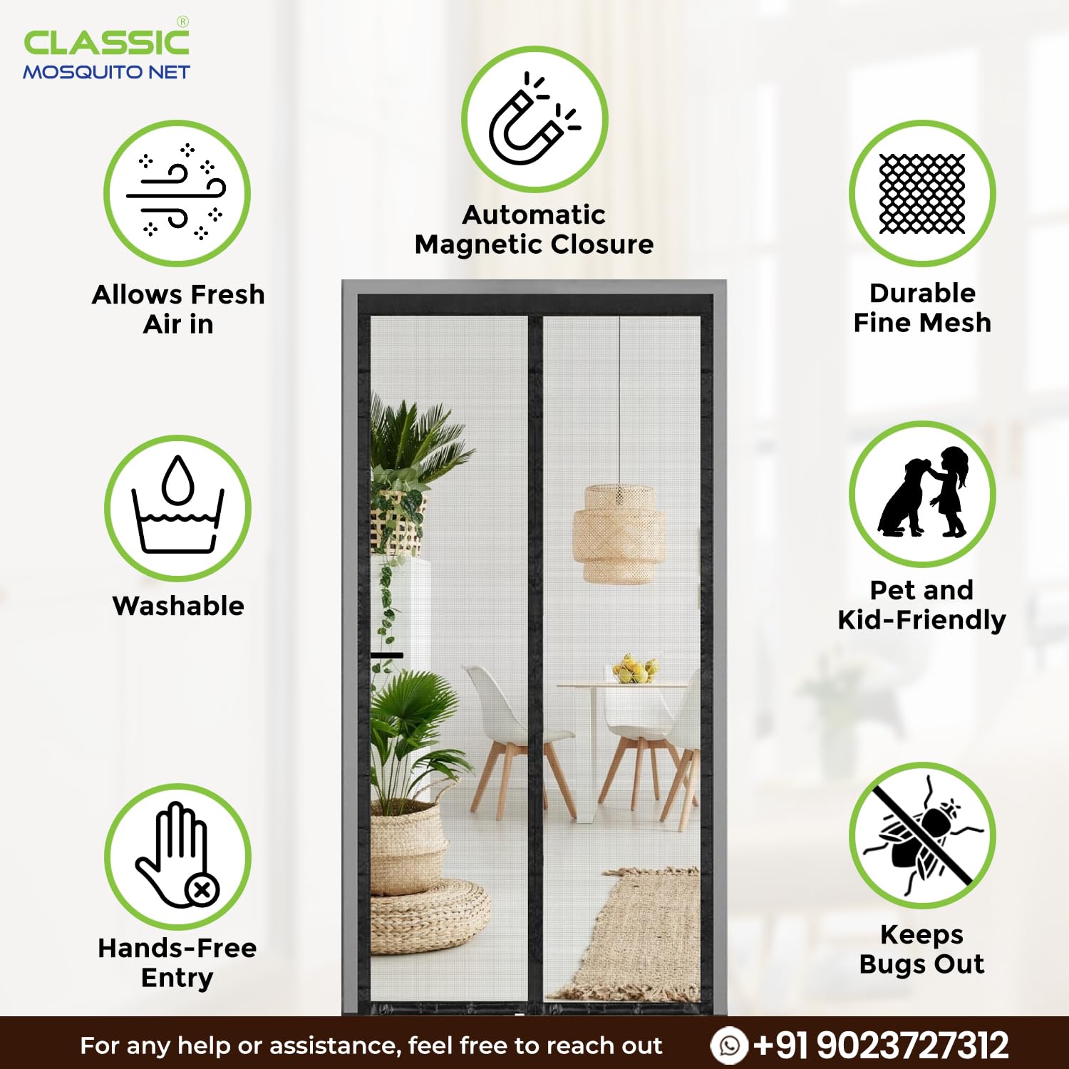 Classic Mosquito Net for Door Fiberglass Magnetic Curtain Auto Closing Insect Screen for All Door Types with Self Adhesive Hook Tape (200X100cms, Black) image 4