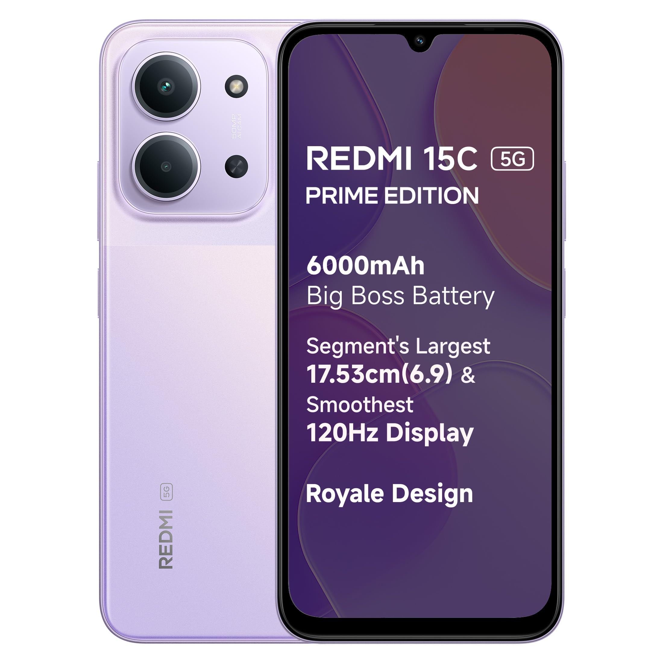 Redmi 15C 5G Prime Edition Dusk Purple 6GB + 128GB | Massive 6000mAh Battery | Segment's Largest 17.53cm Display Up to 120Hz | MediaTek Dimensity 6300 | 33W Fast Charging | 50MP AI Dual Camera