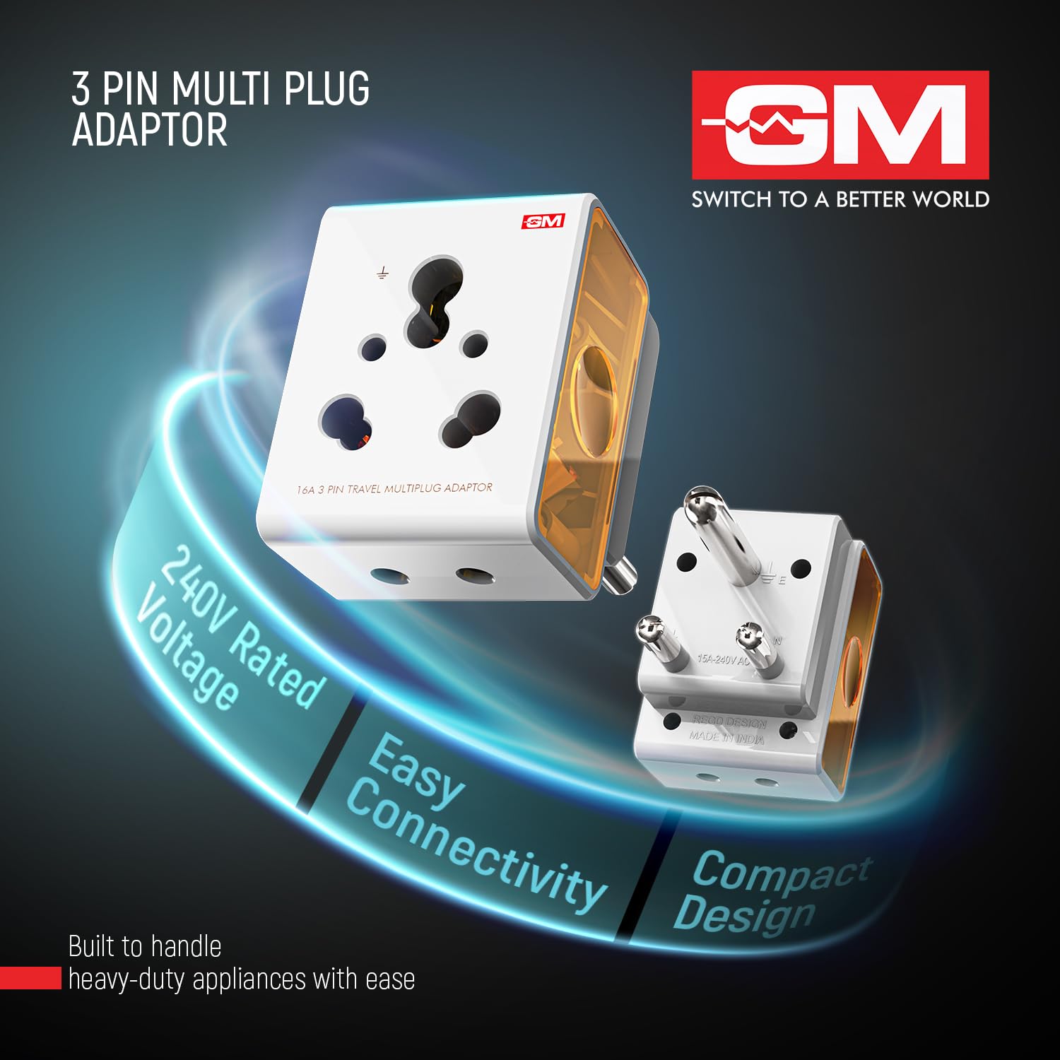 GM 3050 16 Amp 3 Pin Multi Plug Travel Adaptor - Universal Power Adapter Suitable for Class I & II Electrical Appliances, White image 5
