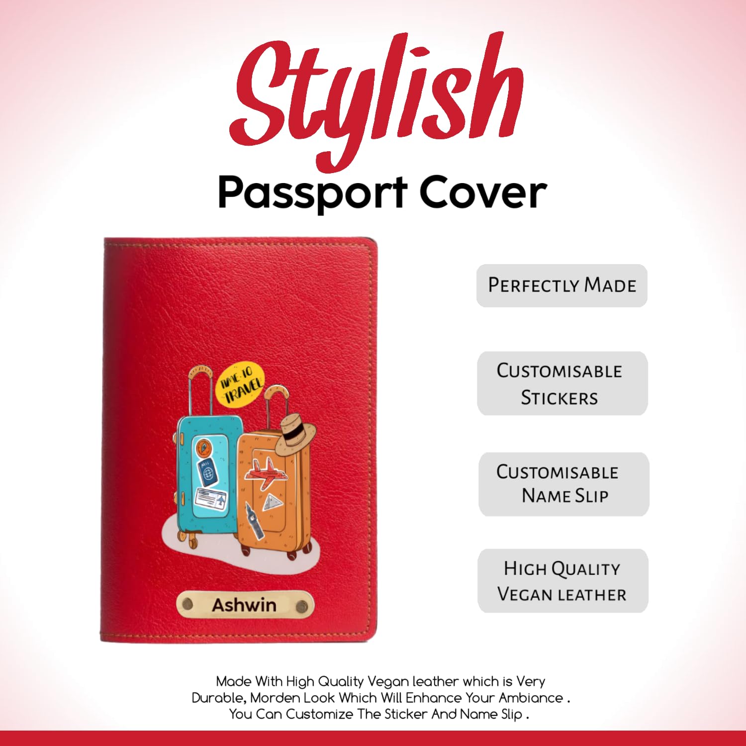 Faux Vegan Leather Customized Passport Cover, Passport Holder for Men, Women & Kids - Travel Accessories Passport Wallet for Trips with Custom Name (Red) image 2