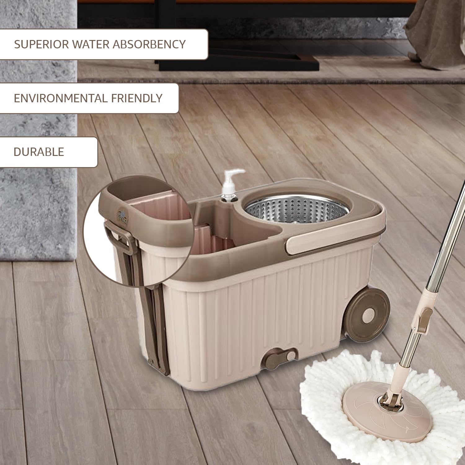 Amazon Brand - Presto! Elite Spin Mop with Steel Wringer and Auto-fold Handle, Chestnut, 2 Refills image 4