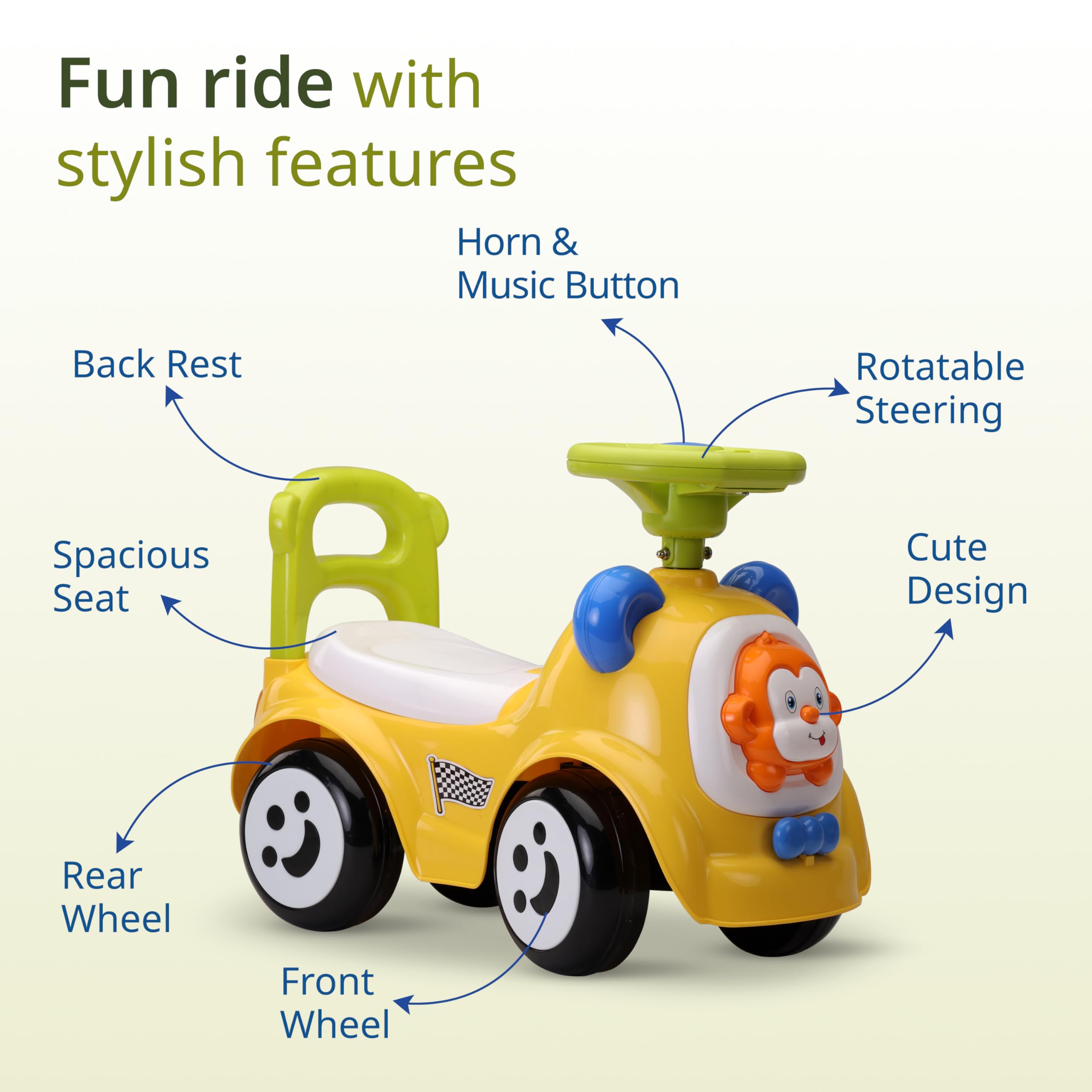 LuvLap Sunny Ride on & Car for Kids with Music & Horn Steering, Push Car for Baby with Backrest, Safety Guard, Under Seat Storage & Big Wheels, Ride on for Kids 1 to 3 Years Upto 25 Kgs (Yellow) image 2
