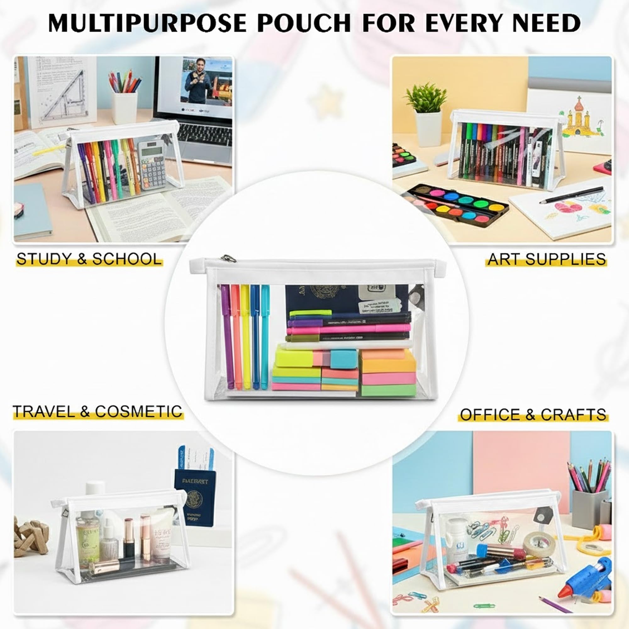 GLUN ® Stationary Transparent Pouch with Zipper Closing for Girls & Boys,Pouch for School,Collage,Office,Cosmetic Use Bag for Women,Multi-Purpose Bag,White image 4