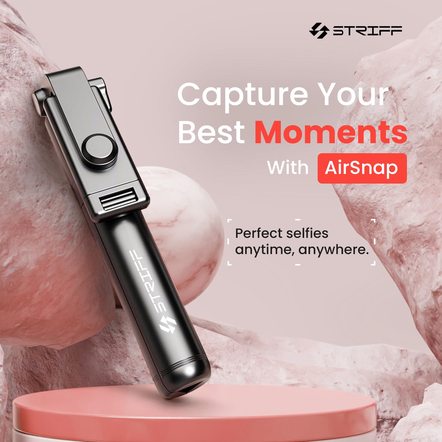 STRIFF AirSnap 3-in-1 Bluetooth Selfie Stick with Wireless Remote & Tripod Stand | Extendable, Lightweight & Portable | Compatible with All Smartphones (iPhone, Samsung, OnePlus, Vivo & More) - Black image 2
