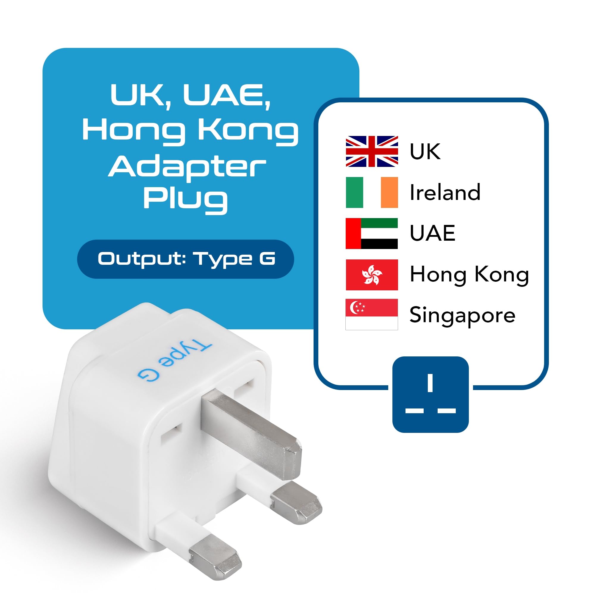 Ceptics UK Adapter for Indian Pins, India to UAE, Hong Kong, Dubai, UK Plug - Type G - Perfect for Laptop, Camera, Chargers - CE - RoHS - 3 Pack -White- Lifetime Limited Warranty image 2