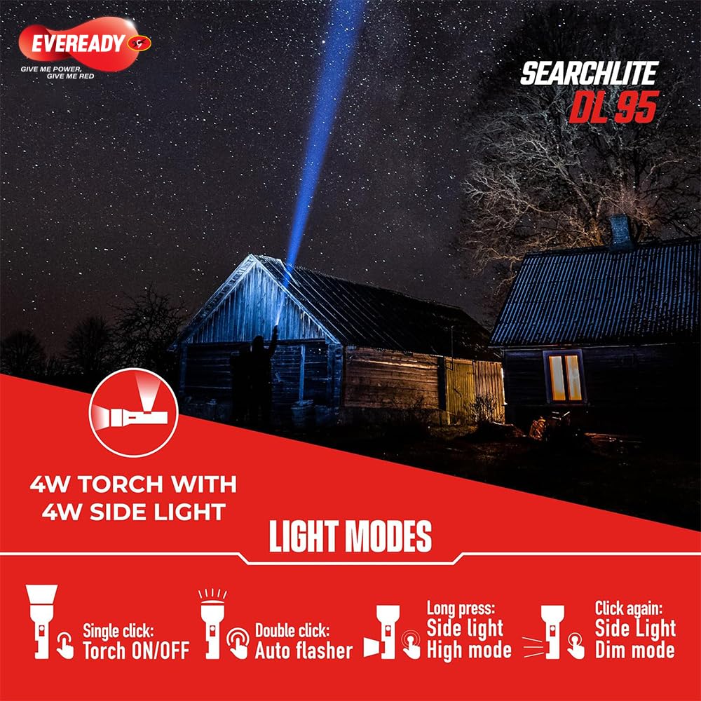 EVEREADY SEARCHLITE DL95, Rechargeable 4W Torch Cum 4W Emergency Sidelight, Type-C USB Fast Charging, Glow-in-THE-Dark Strip, Overcharge & Deep Discharge Protection | Fluorescent image 2