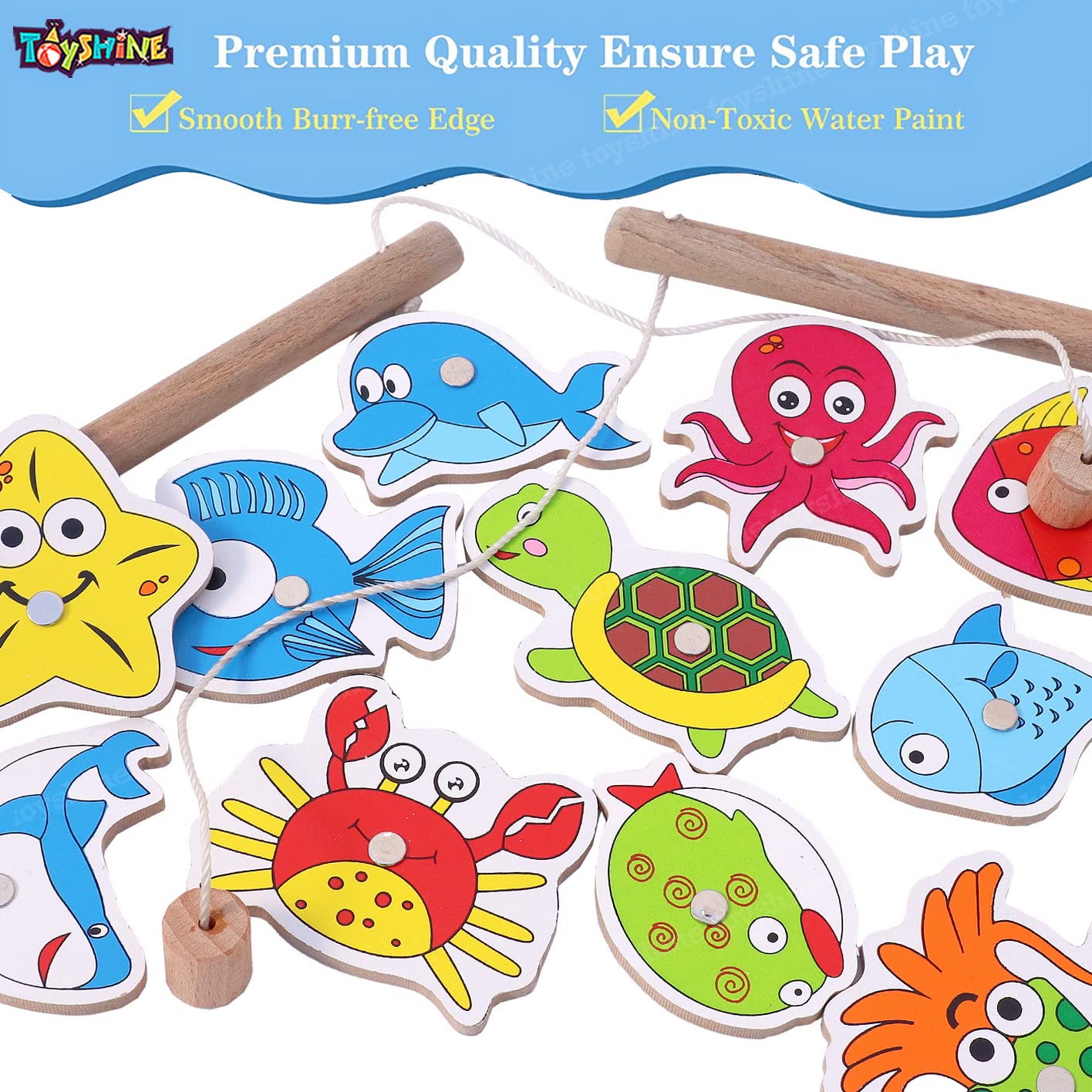 Toyshine Wooden Magnetic Fishing Game Toy with 12 Pcs - Multicolour - Kids image 2