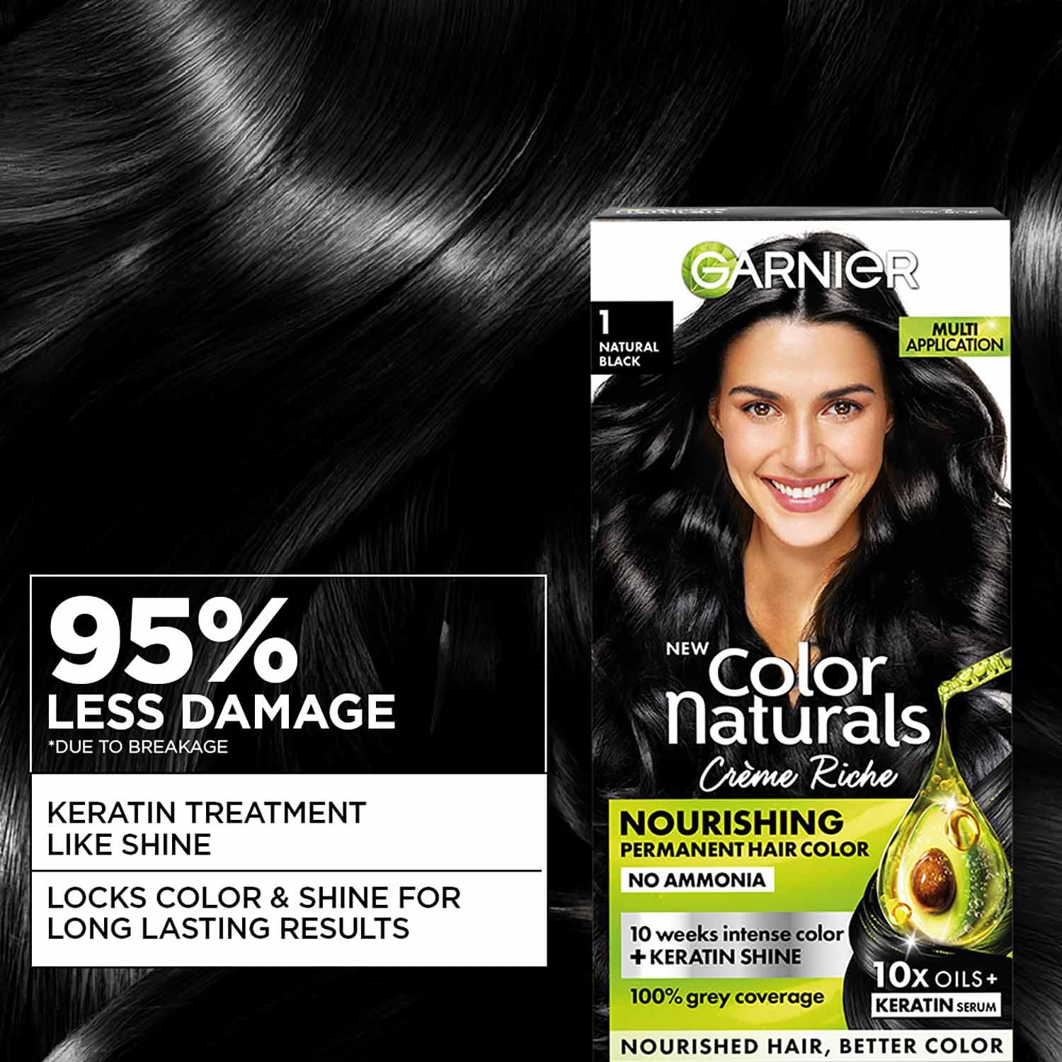 Garnier Color Naturals Natural Black Hair Color Shade 1 | Ammonia Free | Ammonia-Free Hair Color | Infused With 10X Natural Oils + Keratin Serum | 100% Grey Coverage | Up to 10 Weeks Shine image 5