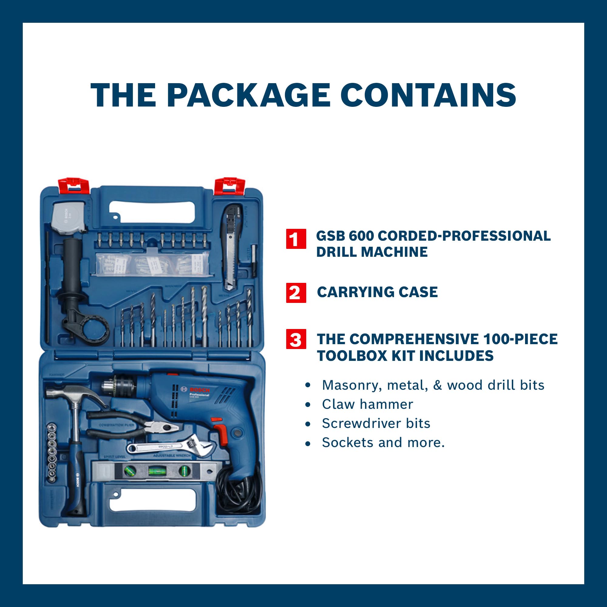 BOSCH GSB 600 Corded Electric Impact Drill, 100Pcs Accessory Set | 600 W Motor | Speed of 3000 RPM | Rated Torque of 1.4 Nm | Impact rate of 48000 BPM | Double Insulation | 1 Year Warranty image 2