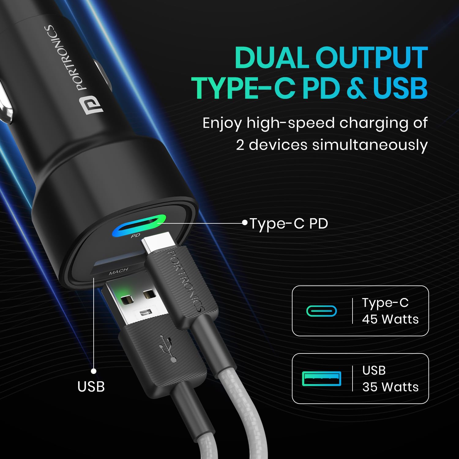 Portronics 80W Dual Output Fast Car Charger with Type-C PD & USB, LED Indicator, Charging Adapter Compatible with Cars for iPhone & Android Smartphone, Smartwatch, Earbud, Power Bank (Black) image 3