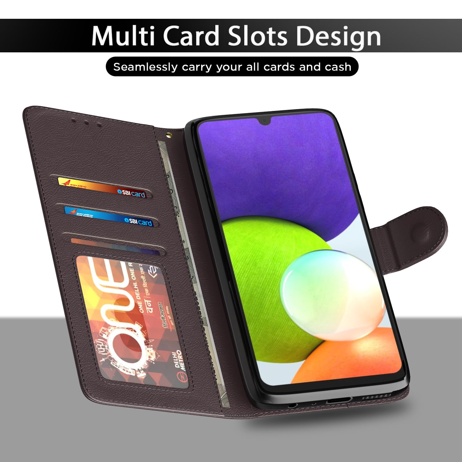 Pikkme Samsung Galaxy A22 5G Flip Case Leather Finish | Inside TPU with Card Pockets | Wallet Stand and Shock Proof | Magnetic Closing | Complete Protection Flip Cover (Coffee) image 5