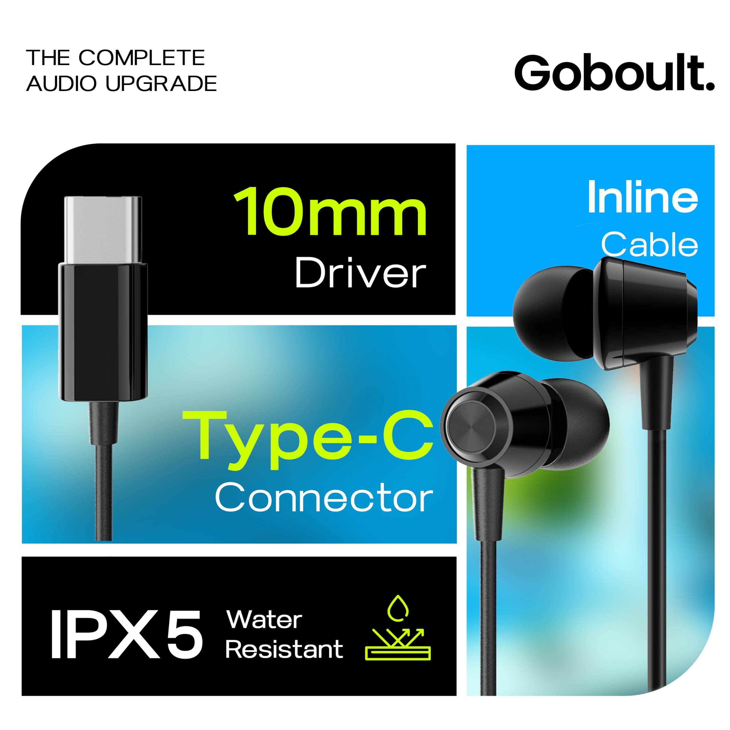 GOBOULT WiredX 500 Earphones with Type-C Input, 13mm Bass Drivers, Inline Controls, IPX5, Earphones Wired Headphones with mic image 2