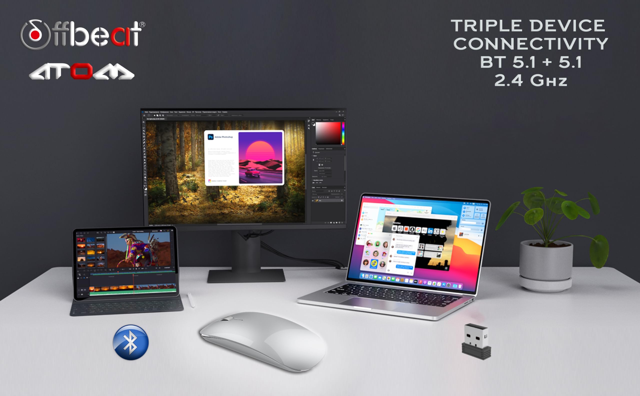 Offbeat - Atom Dual Bluetooth 5.1+5.1 & 2.4Ghz Wireless, Type-C Rechargeable Silent Click Mouse, Triple Device connectivity Windows, Mac, iOS, Android (Silver) image 4