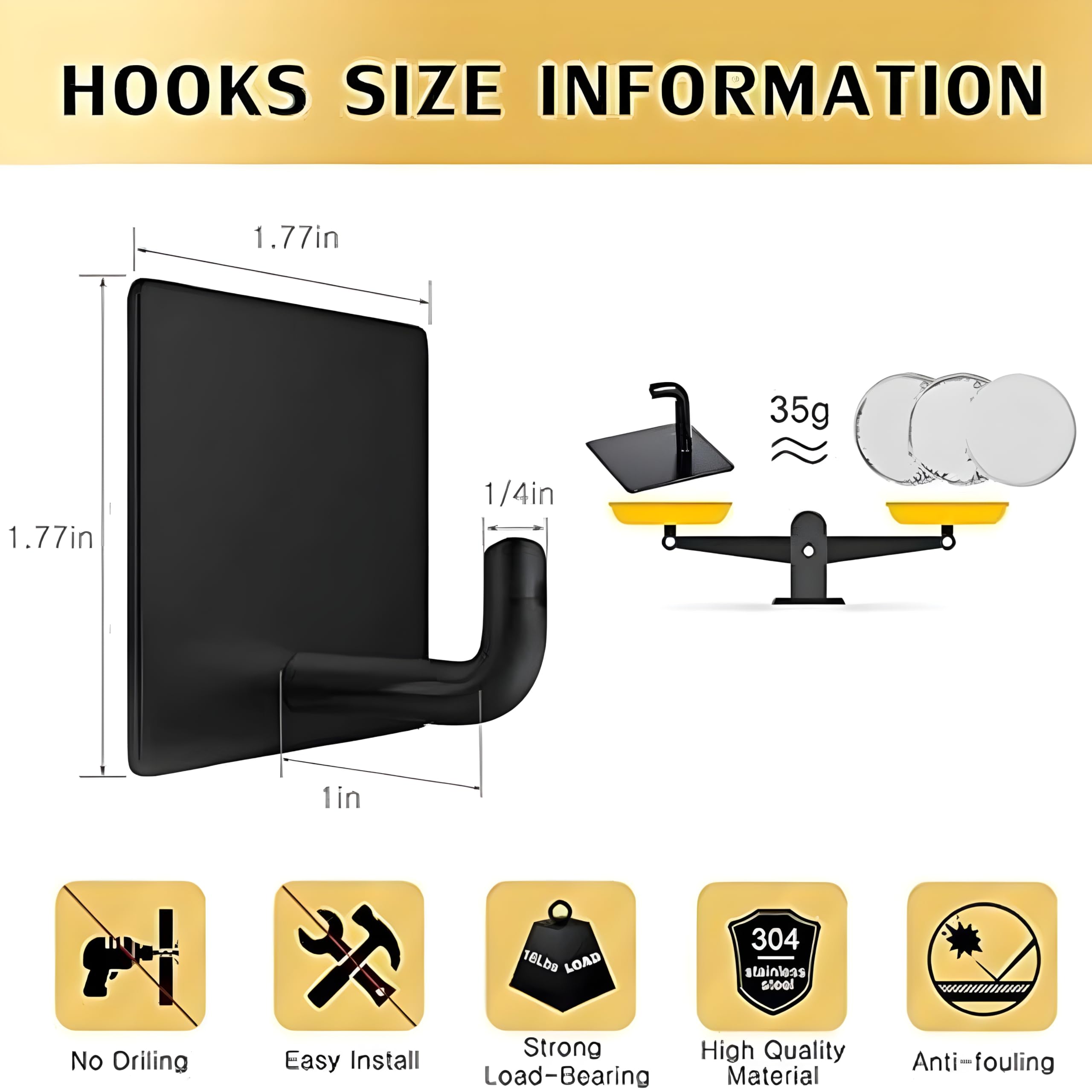 JIALTO 4 PCS Self Adhesive Hooks/Wall Hangings Hook/Waterproof Stainless Steel Hooks for Wall Without Drilling Heavy Duty Bathroom Kitchen Towel Wall Hooks for Hanging Strong Coat (J Hook Black) image 3