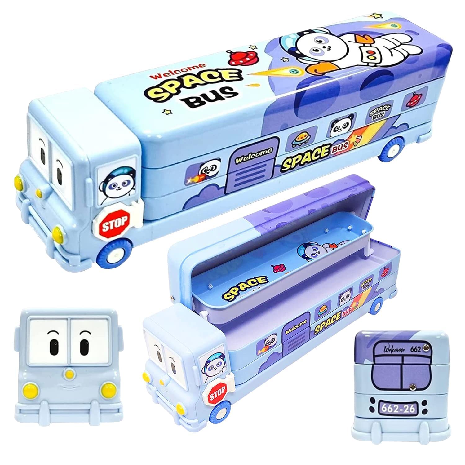 FAMOUS QUALITY® 2 in 1 - Cartoon Printed School Bus Metal Pencil Box with Moving Tyres and Sharpener for Kids - Blue,Metal image 3