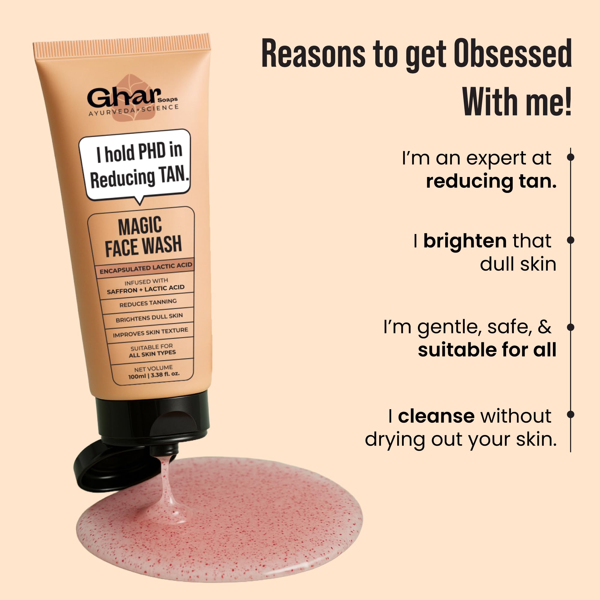 Ghar Soaps De-Tan Face Wash | For Tan Reducing, Brightening & Glowing Skin | With Sandalwood, Saffron, Coconut Oil & Goat milk | For All Skin Types | 100ml (Pack of 1) image 5