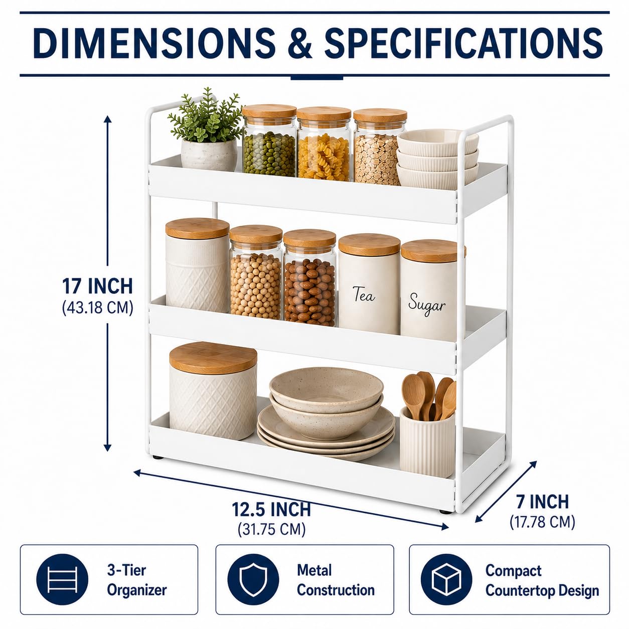 Homeor 3-Tier Metal Countertop Organizer | Heavy Duty Standing Rack for Kitchen Spice Storage & Bathroom Vanity | Multi-Purpose Shelf For Kitchen, Cosmetic & Toiletry Display Shelf, White image 3