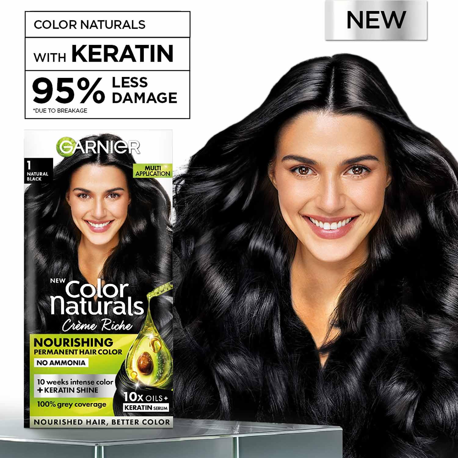 Garnier Color Naturals Natural Black Hair Color Shade 1 | Ammonia Free | Ammonia-Free Hair Color | Infused With 10X Natural Oils + Keratin Serum | 100% Grey Coverage | Up to 10 Weeks Shine image 2