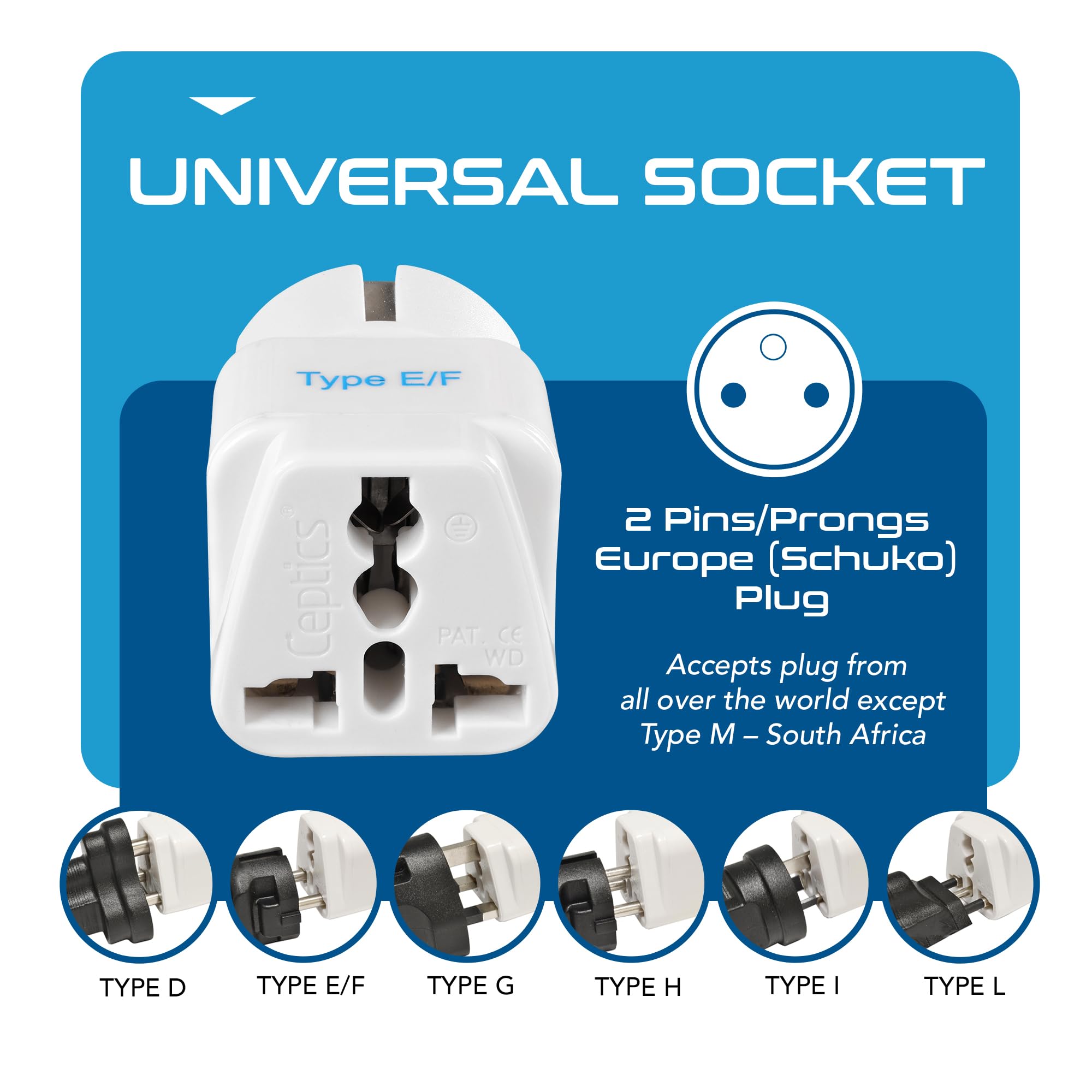 Ceptics European Plug Adapter, India to Europe Adapter (Schuko) - Type E/F Travel Adapter Europe - CE Certified - RoHS Compliant - White - 2 Pack - 5 Years Warranty image 3