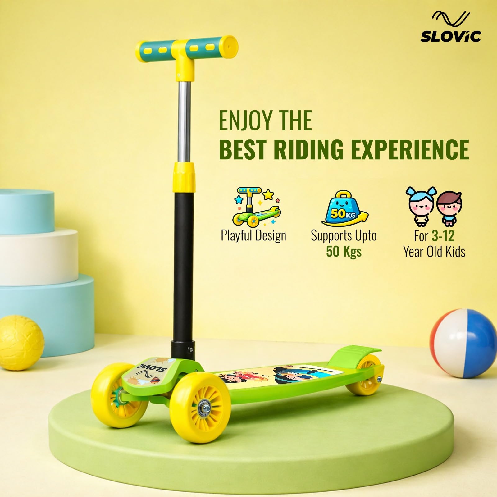 Slovic Kick Scooter for Kids 3+ Years with Adjustable Handle Height | 3 Wheels Kids Scooter Toys | Foldable Kick Skating Cycle | Scooter Birthday Gift for Kids | 50 KG Weight Capacity | BIS Approved image 2