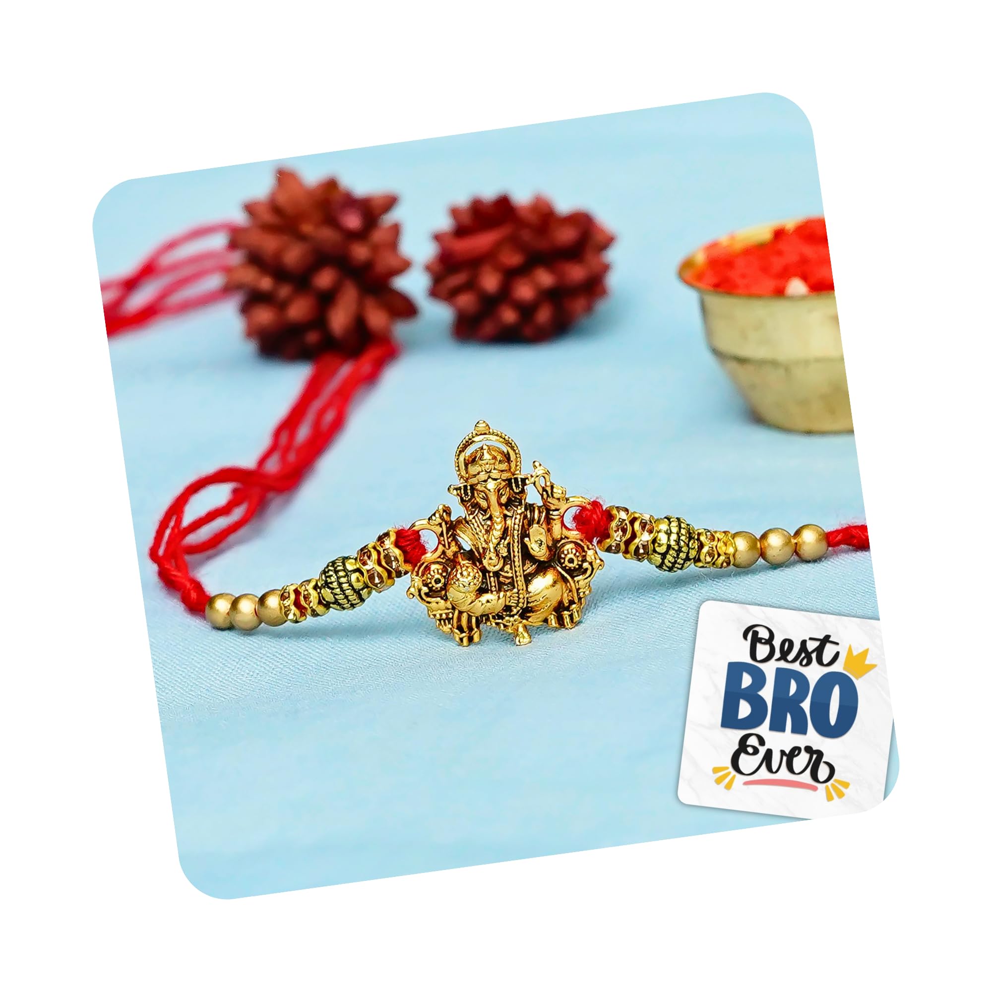 eCraftIndia Golden Religious Designer Ganesha Rakhi with Red Thread and Roli Chawal Pack and Best Bro Ever Fridge Magnet - Rakhi for Brother, Bhaiya, Bhai