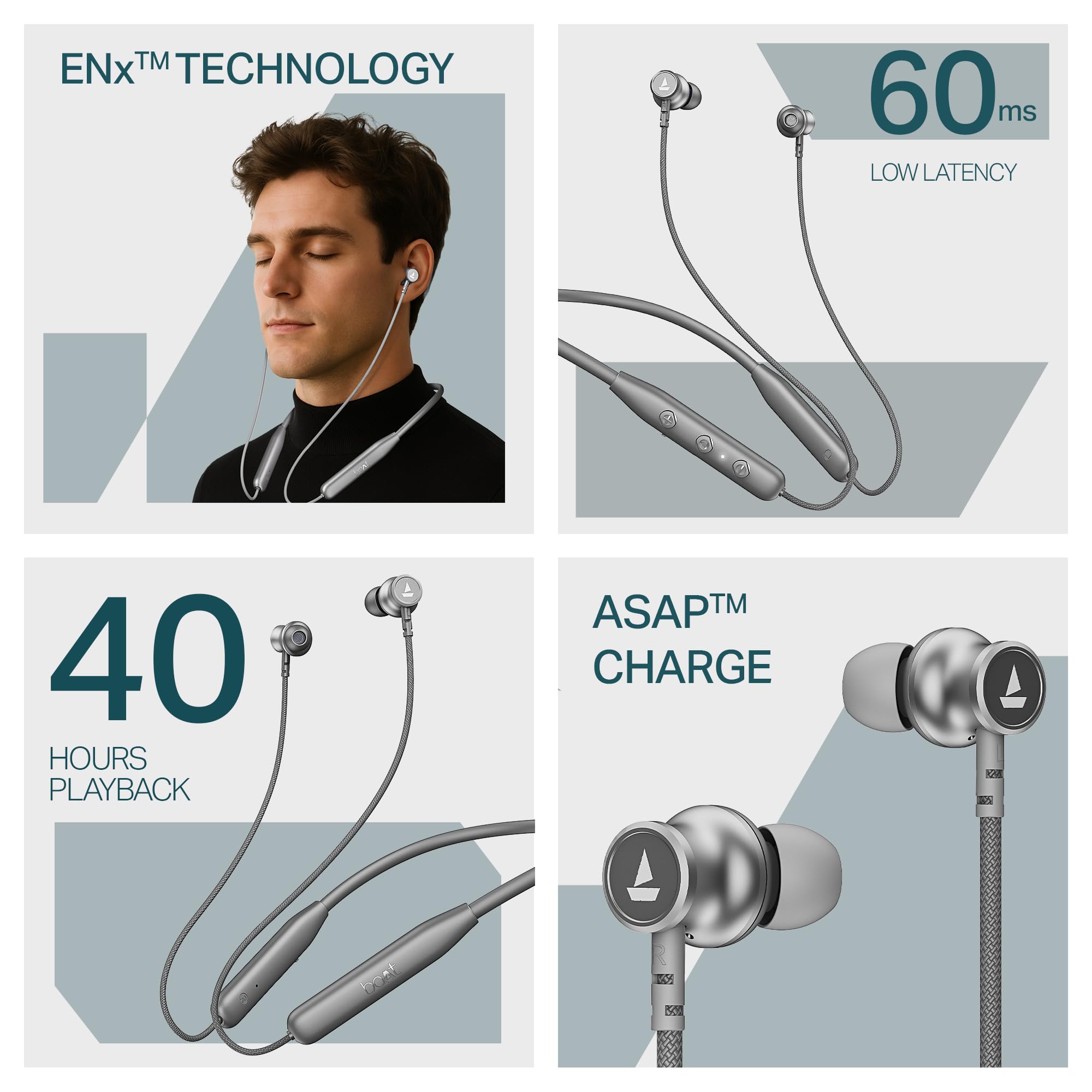 boAt Rockerz 113, 40H Battery, Dual Pair, Fast Charge, ENx Tech, App Support, Magnetic Buds, Bluetooth Neckband, Wireless with Mic in Ear Earphones (Ash Grey) image 3