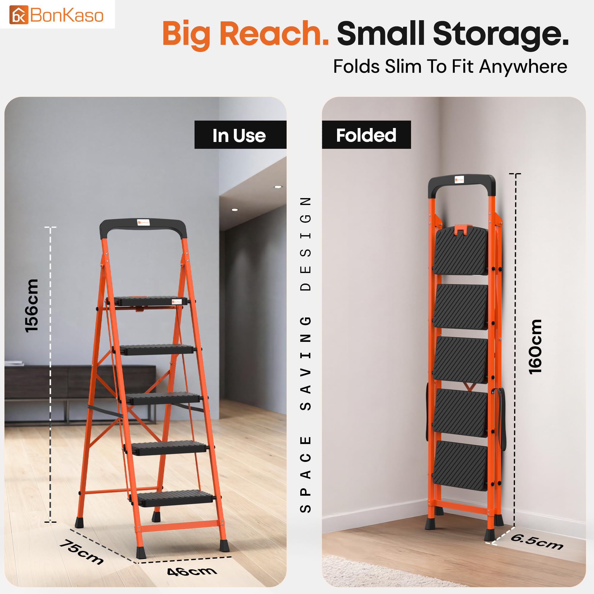 BonKaso Climb Easy 5 Step Heavy Duty Steel Folding Climbing Ladder for Home, Home & Office – with Safety Lock, Anti-Slip Wide Durable Plastic Steps, Support Handle & Tool Tray (Orange & Black) image 3