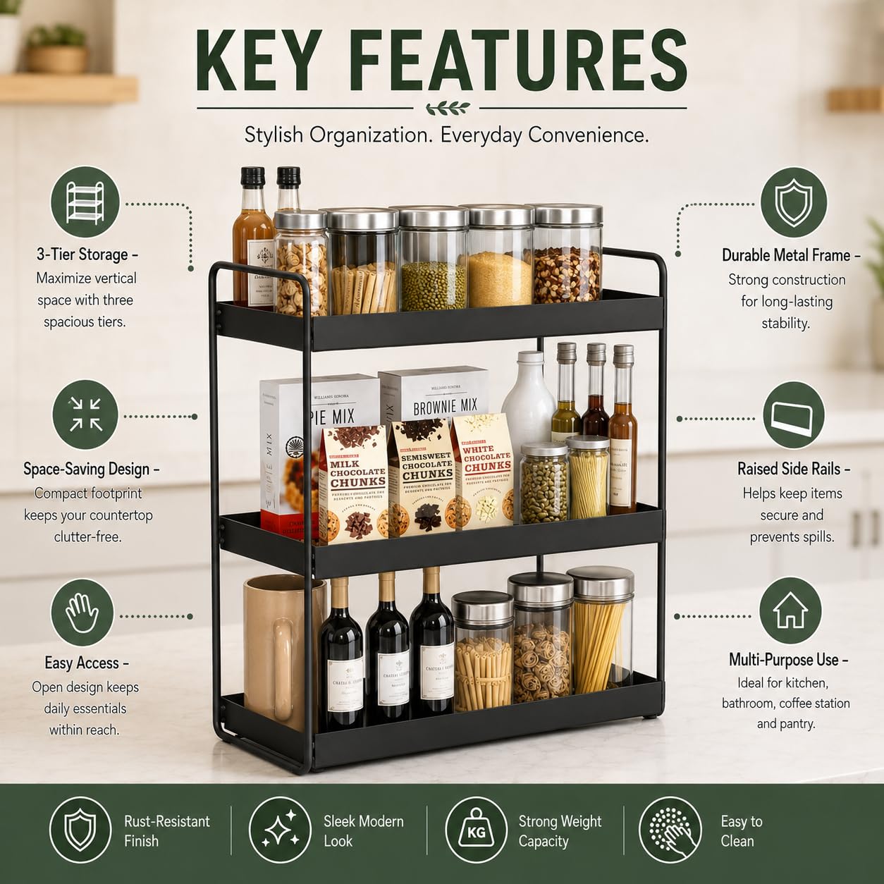 Homeor 3-Tier Metal Countertop Organizer | Heavy Duty Standing Rack for Kitchen Spice Storage & Bathroom Vanity | Multi-Purpose Shelf For Kitchen, Cosmetic & Toiletry Display Shelf, Black image 2
