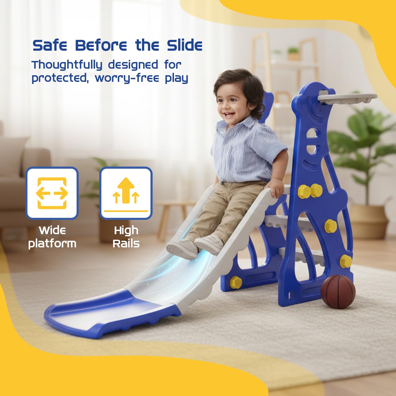 Amazon Brand – Solimo 2-in-1 Penguin Slide for Kids with Basketball Hoop with Ball| Medium | Indoor & Outdoor | Safe for Boys & Girls | Age 2-4 Years | Easy Assembly | Blue & White image 3