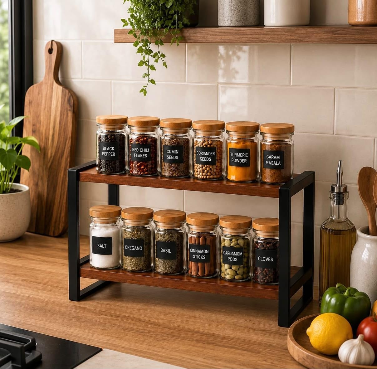 2-Tier Countertop Spice Rack, 34x15x28 cm, Wood and Metal