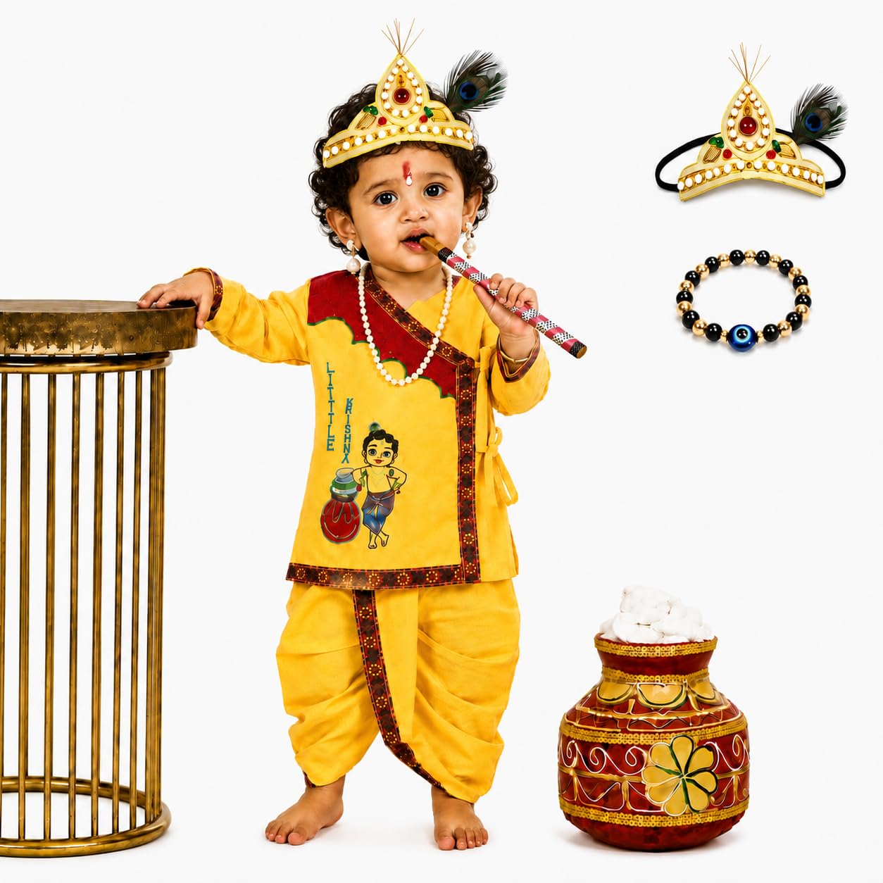 Kids Krishna Costume Set for Boys & Girls | Bal Gopal Kanha Janmashtami Fancy Dress with Dhoti, Patka, Pagri, Mor Pankh, Bansuri & Jewellery