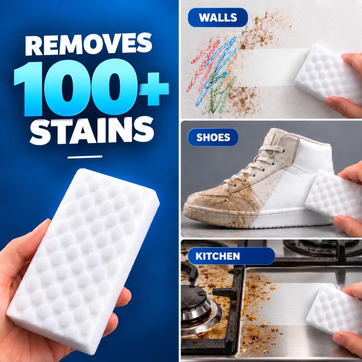 Magic Eraser Cleaning Sponge, Multi-Surface Cleaner for Wall, Kitchen, Bathroom, Shoes, Switch Boards & Floor Tiles, Melamine Foam Sponge, No-Scratch, Just Add Water (Pack of 4) image 3