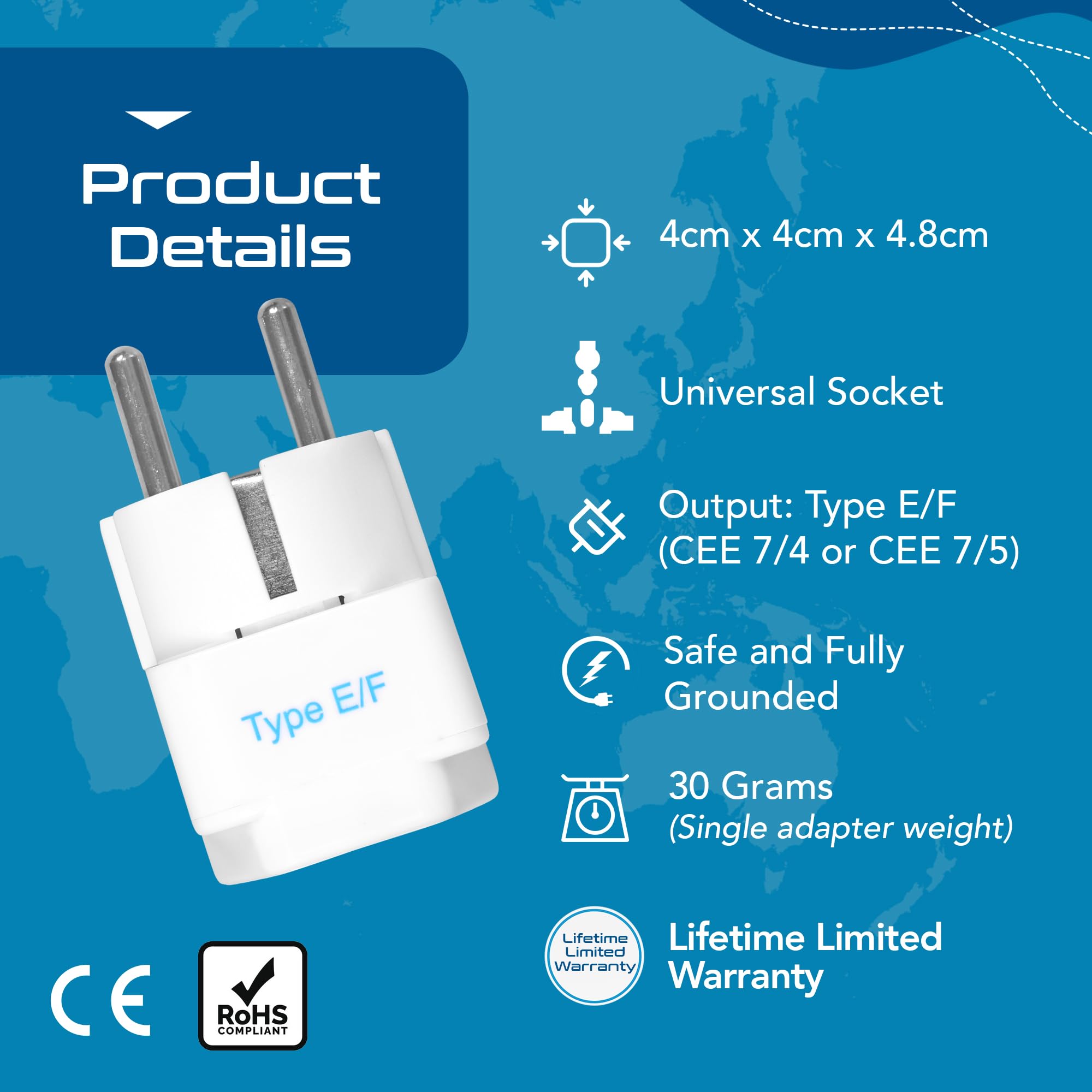 Ceptics European Plug Adapter, India to Europe Adapter (Schuko) - Type E/F Travel Adapter Europe - CE Certified - RoHS Compliant - White - 2 Pack - 5 Years Warranty image 4