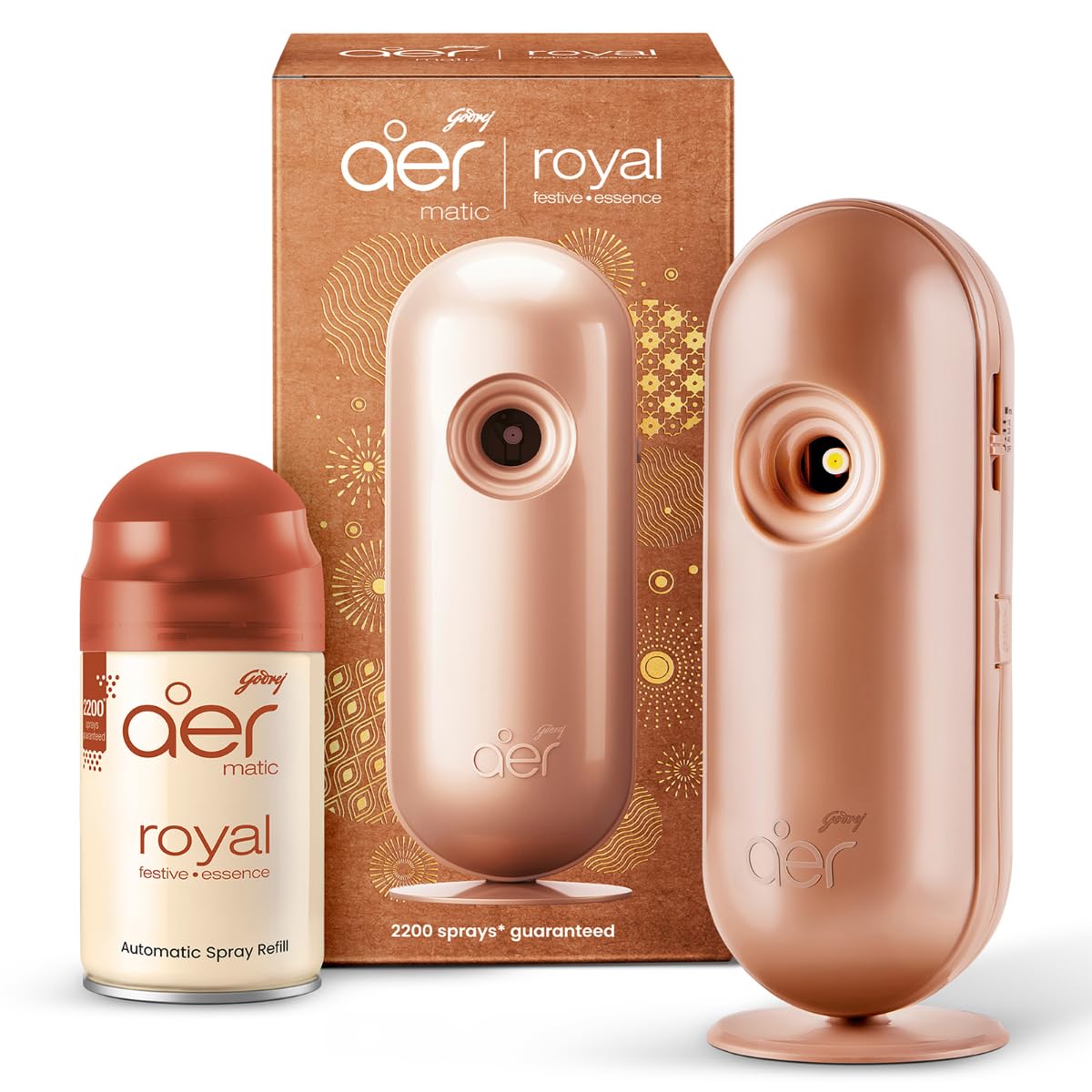 Godrej aer Matic Kit (Machine + 1 Refill) - Automatic Room Fresheners with Flexi Control Spray | Royal Festive Essence | 2200 Sprays Guaranteed | Lasts up to 60 days (210ml)
