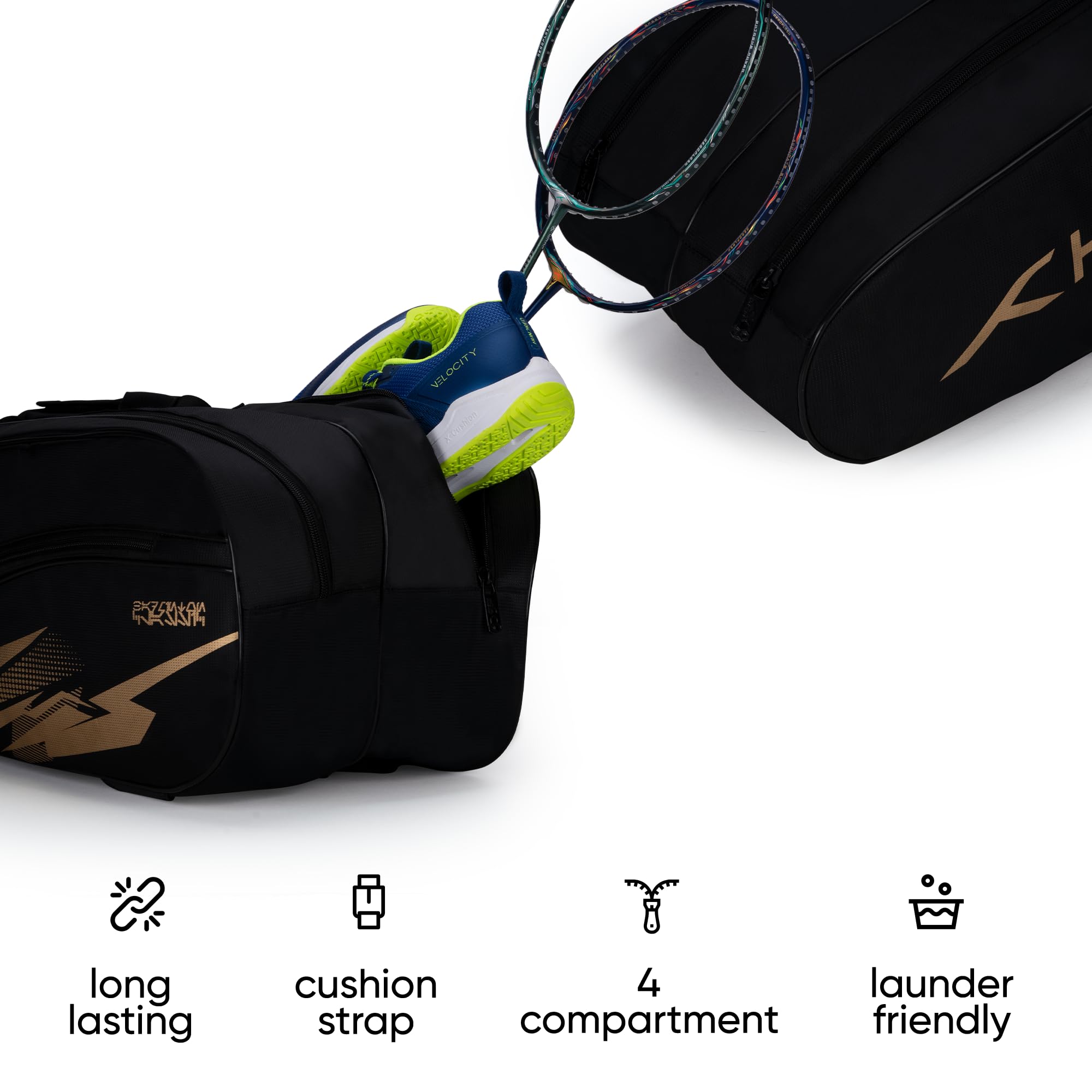 Hundred Cosmogear Badminton Kit-Bag (Black)|Double Zipper|Bag with Front Zipper Pocket, Polyester image 4
