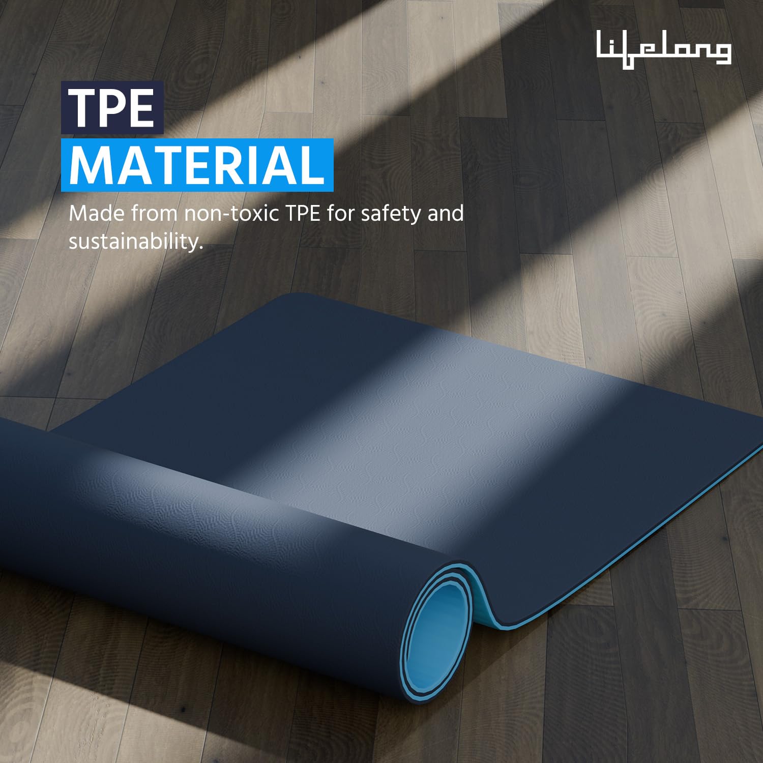 Lifelong 6mm Dual Color TPE Material Anti-Slip Yoga Mat for Home, Gym, Yoga, Workout and Exercise for Women & Men (6 Months Warranty,Llym115), Navy Blue/Blue image 3