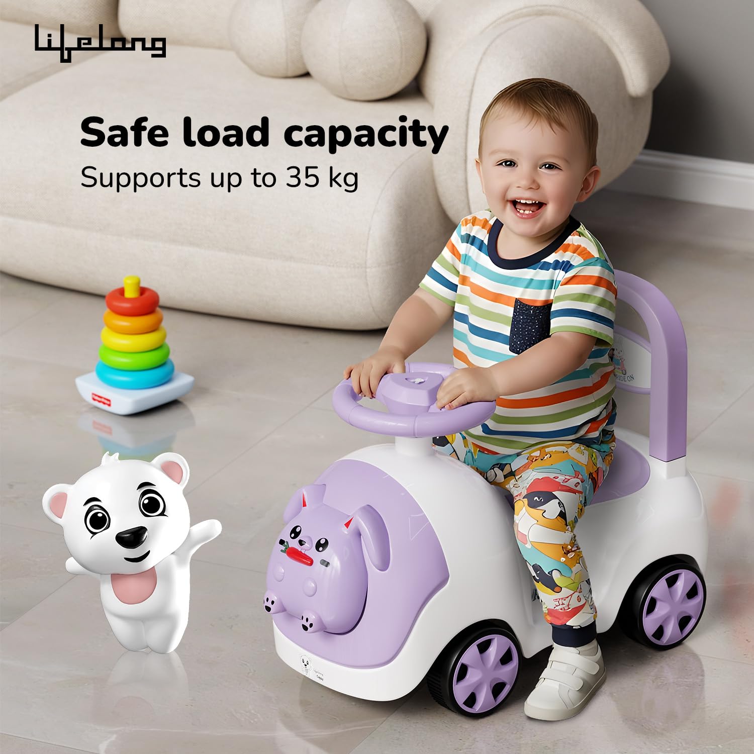 Lifelong Bunny Manual Push Ride-On Toy Car with Back Support for Boys & Girls 1-4 Years, Distraction-Free, Non-Musical, Easy Installation, 50kg Capacity, Steering Wheel, Storage, Indoor Outdoor Fun image 2