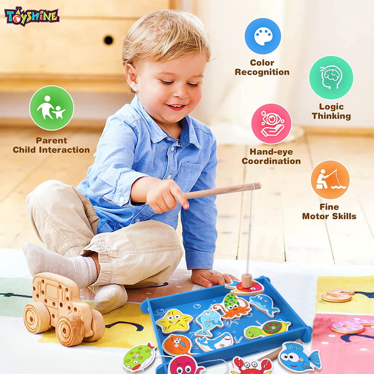 Toyshine Wooden Magnetic Fishing Game Toy with 12 Pcs - Multicolour - Kids image 3