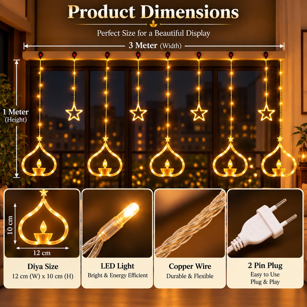 One94Store Deep Diya Curtain Decorative LED String Lights – 3 Meter Warm White Plug-in Lights with 108 LEDs, 6+6 Diya Design for Balcony, Indoor & Outdoor & Diwali Lights for Home image 3