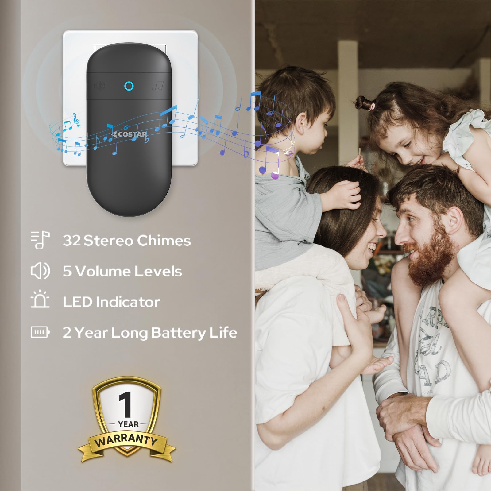 COSTAR Wireless Door Bell Kits Chime for Home Office with LED Light 300 Meter 1000 Feet Operating Range 32 Ringtones 5 Levels Volume, 1 Receiver and 1 Push Button IP44 Waterproof (Pebble T301-Black) image 3