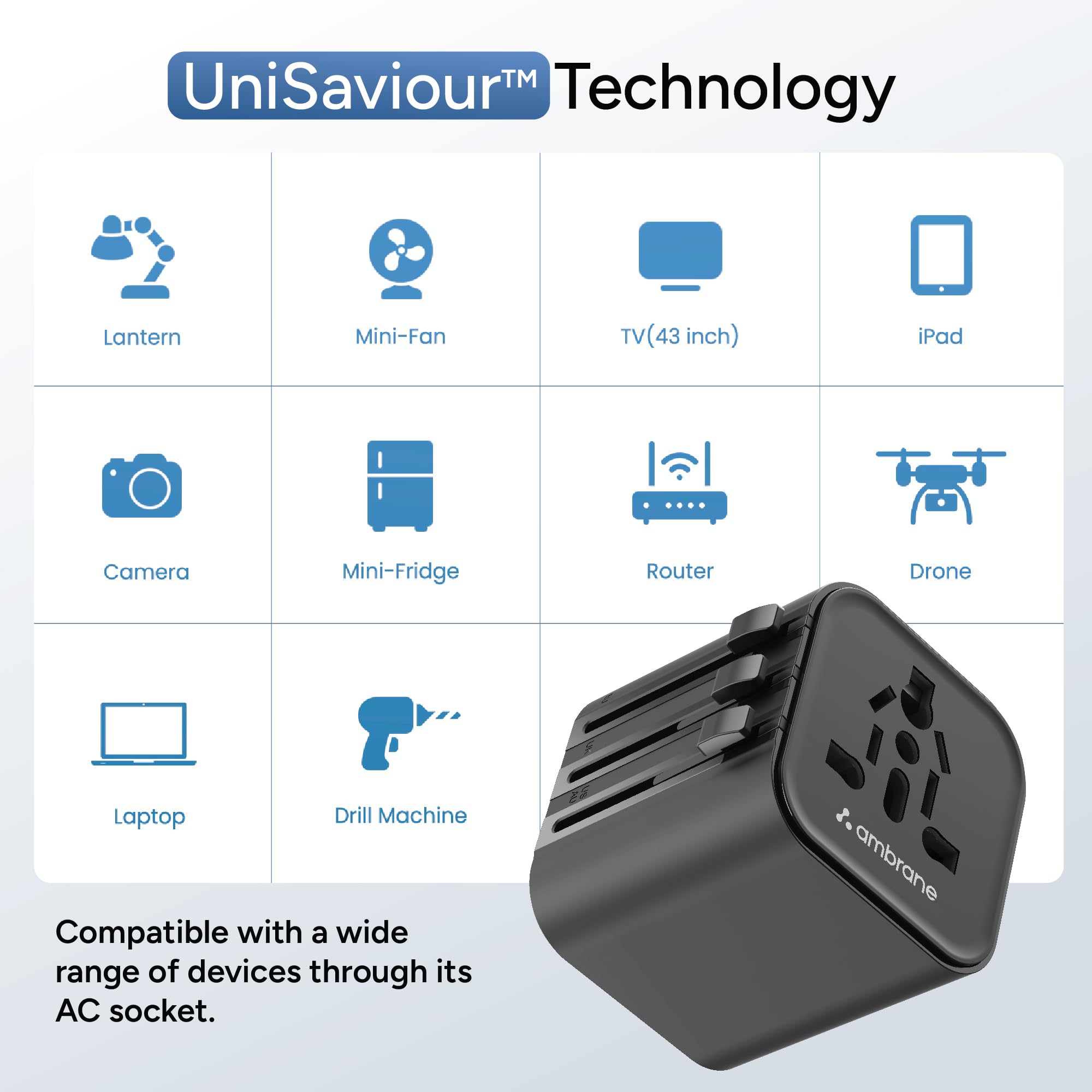 Ambrane Universal Travel Socket, International All in One Worldwide Travel Adapter Socket with 2500W High Power Output with 9 Hole Universal Socket, Compatible in 150+ Countries (ATA-03, Black) image 5