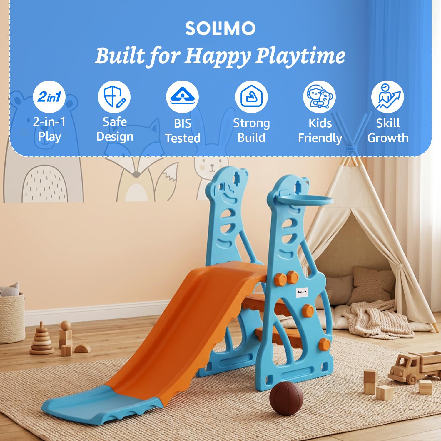 Amazon Brand – Solimo Penguin 2-in-1 Kids Slide with Basketball Hoop & Ball | Medium | Indoor & Outdoor | Safe for Boys & Girls | Age 2-3 Years | Easy Assembly | Multicolor image 2