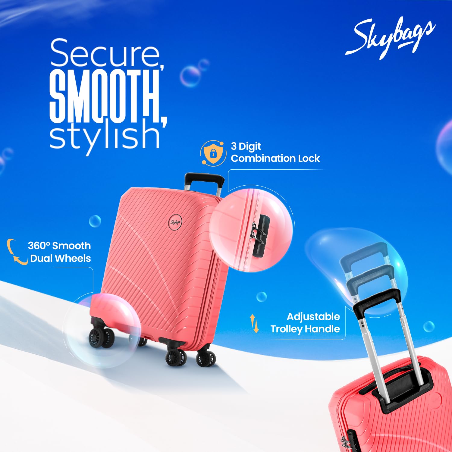 Skybags Streax | Cabin Trolley Bag, 55 Cm, Small Hardside Luggage | 8 Wheels, Combination Lock | Polypropylene | Suitcase for Travel | 5 Year International Warranty | Coral image 4