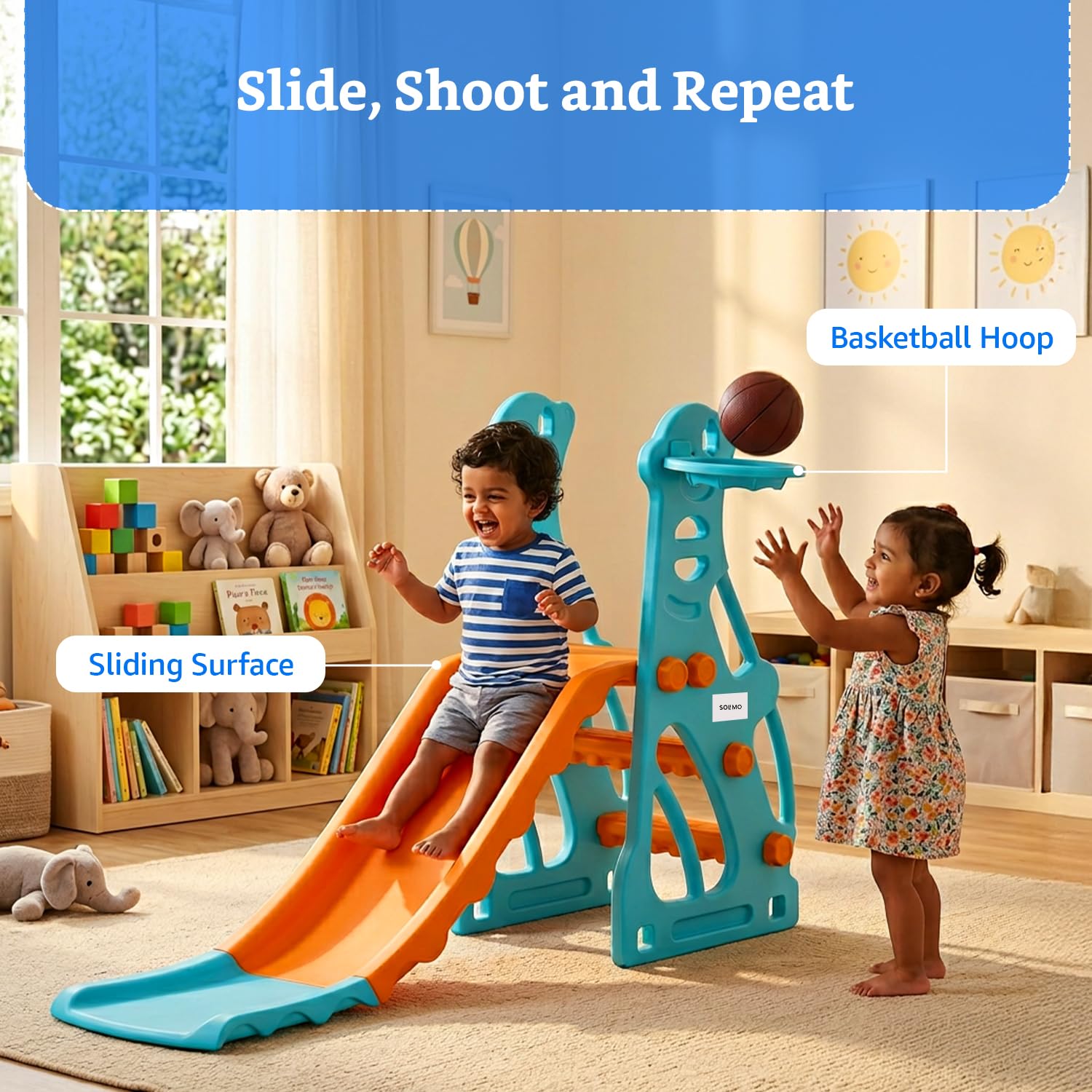 Amazon Brand – Solimo Penguin 2-in-1 Kids Slide with Basketball Hoop & Ball | Medium | Indoor & Outdoor | Safe for Boys & Girls | Age 2-3 Years | Easy Assembly | Multicolor image 4