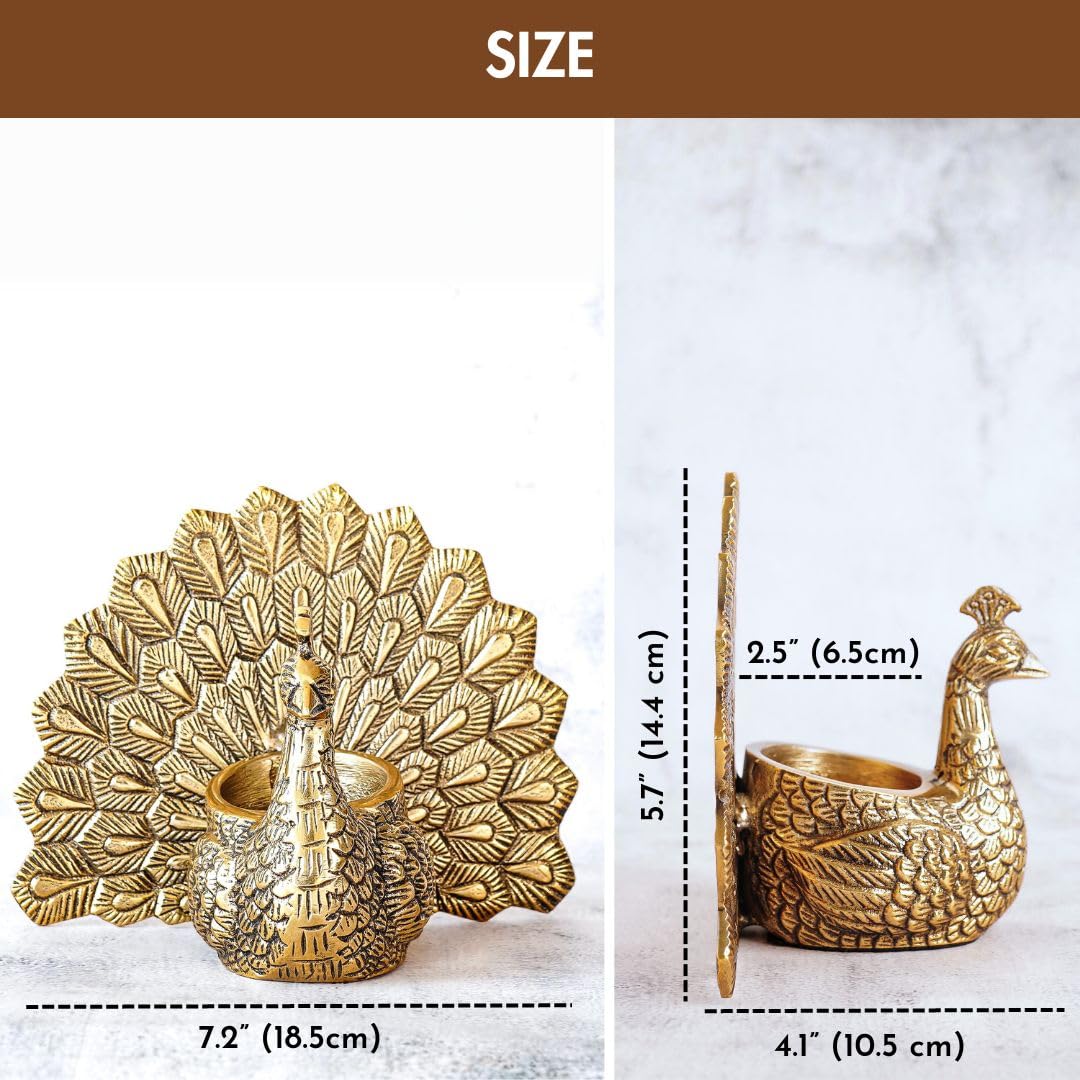 BEHOMA Metal Gold Dancing Peacock for Home Décor | Valentine’s Day, Birthday, Wedding Anniversary Romantic Gift for Women | Good Luck & Love Showpiece with Scented Glass Votive Candle (Golden,18.5cm) image 3