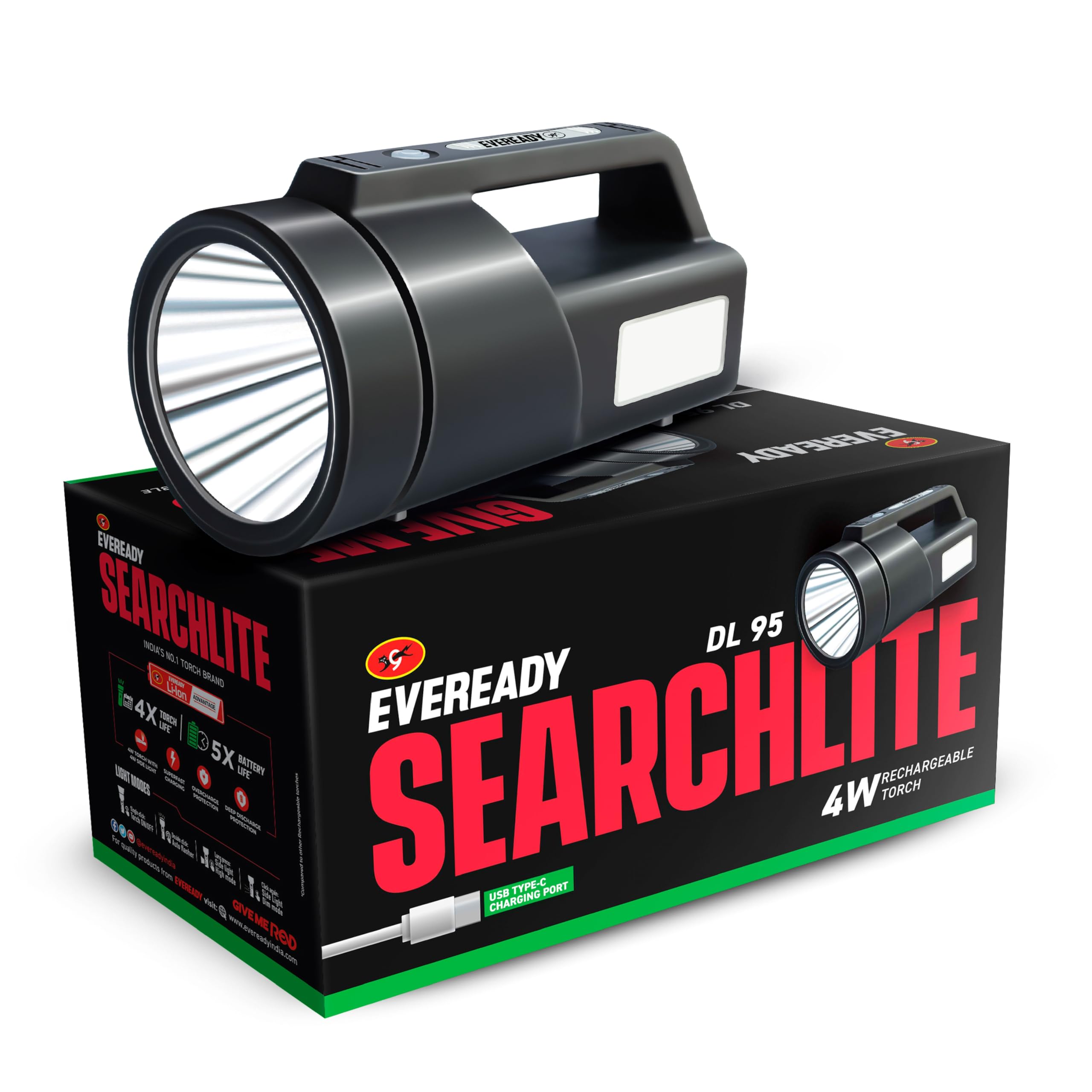EVEREADY SEARCHLITE DL95, Rechargeable 4W Torch Cum 4W Emergency Sidelight, Type-C USB Fast Charging, Glow-in-THE-Dark Strip, Overcharge & Deep Discharge Protection | Fluorescent