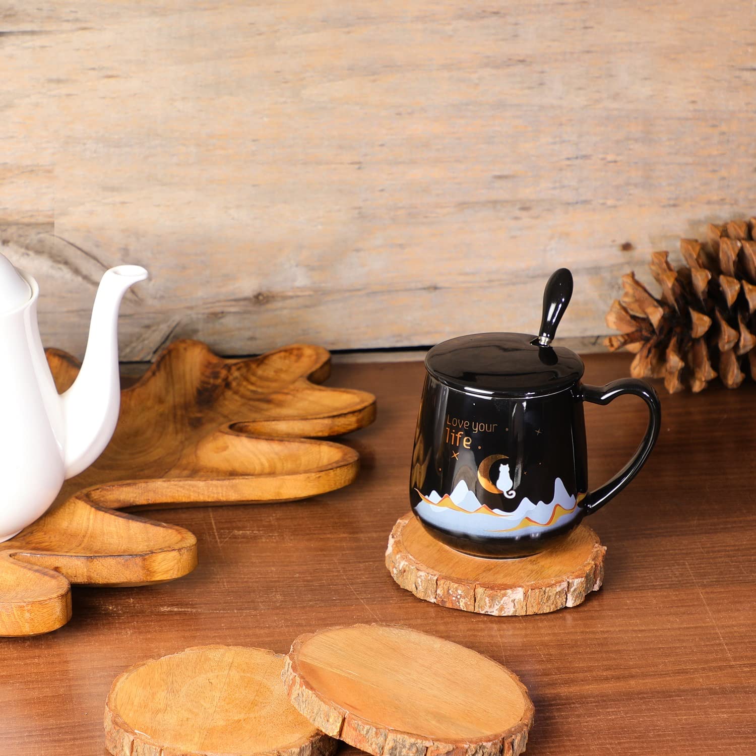 NYRWANA Coffee Mug, Gift for Woman, Birthday Present for Girlfriend, Mugs for Present, Valentine Gift for Girlfriend, Cute Mugs, Love Your Life Mug with Lid & Spoon (420ml - Black) image 2