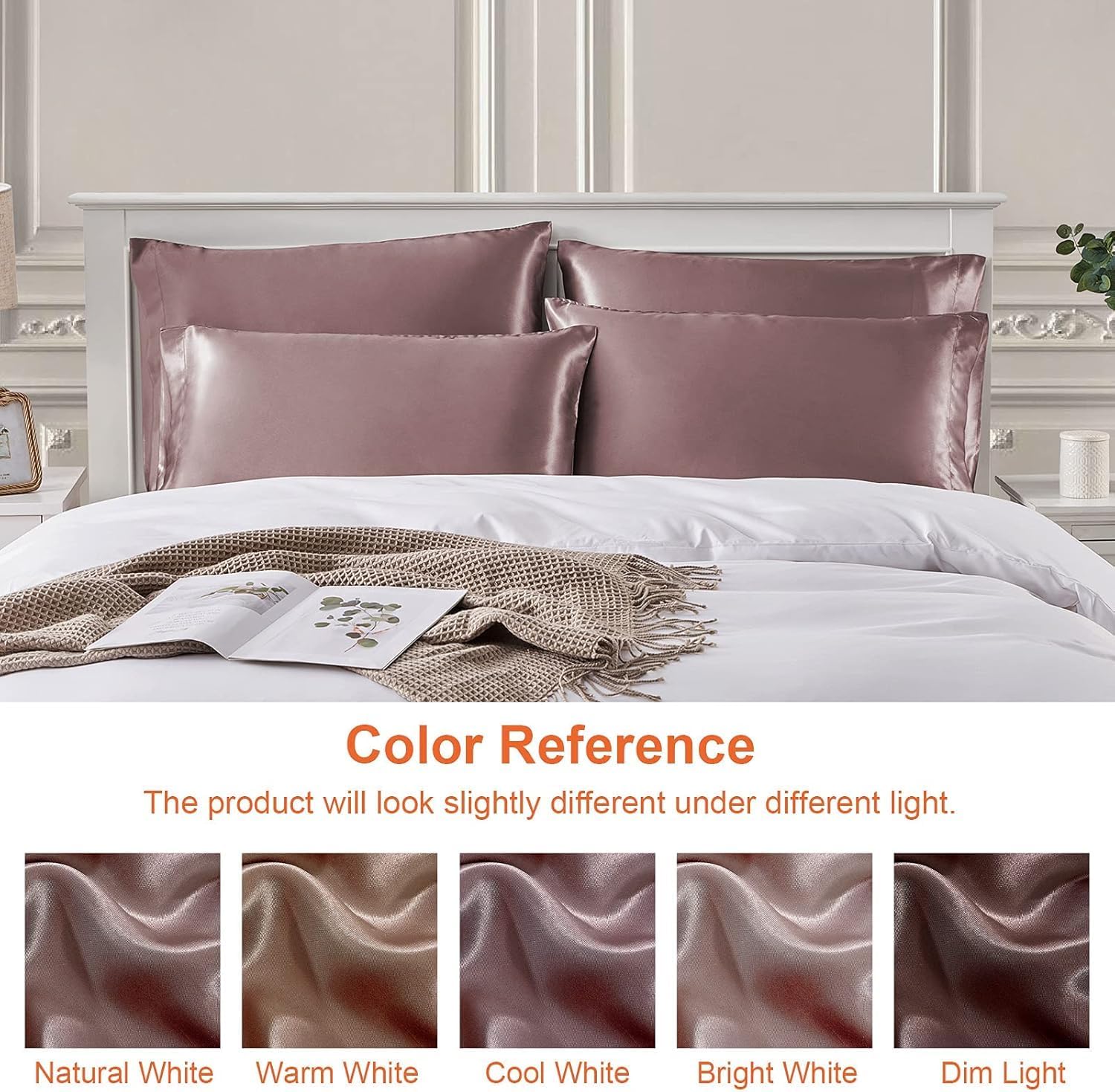 GO WELL Solid Satin Silk Pillow Covers Pack of 2 for Hair and Skin-with Satin Scrunchies |Satin Pillow coves for Hair and Skin|scrunchies for Women 3-Pieces|Silk Pillow case (RoseTaupe) 600TC image 3